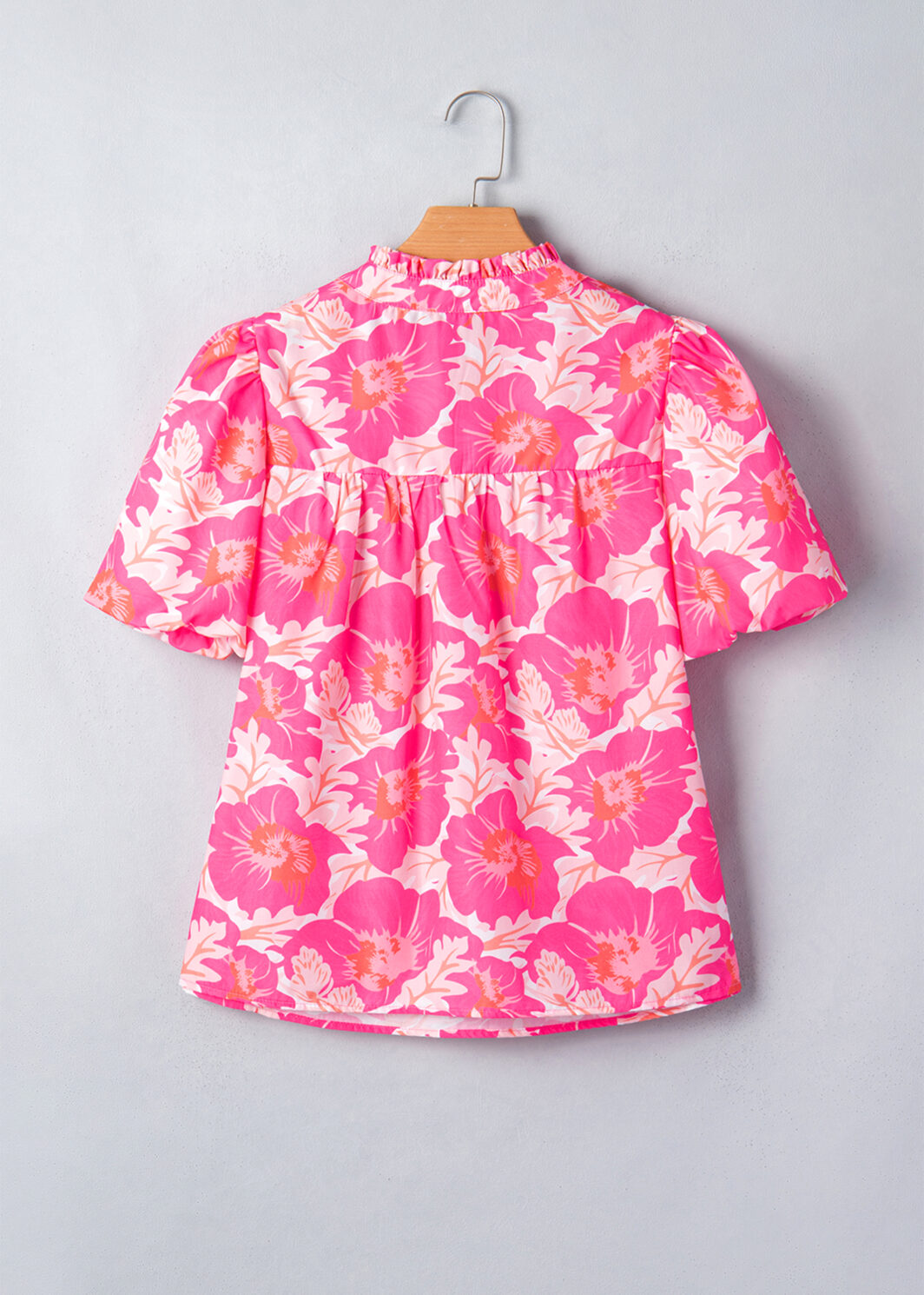 Pink Short Bubble Sleeve Summer Floral Blouse