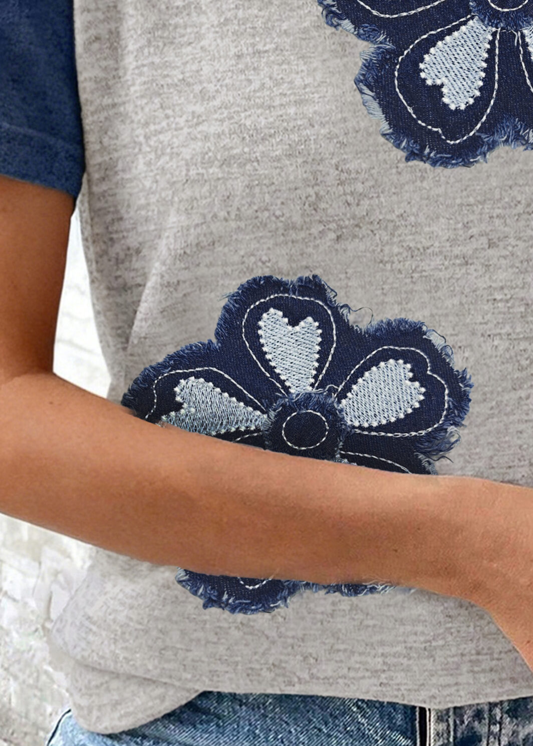 Dark Blue Floral Patchwork Colorblock Raglan Sleeve T Shirt