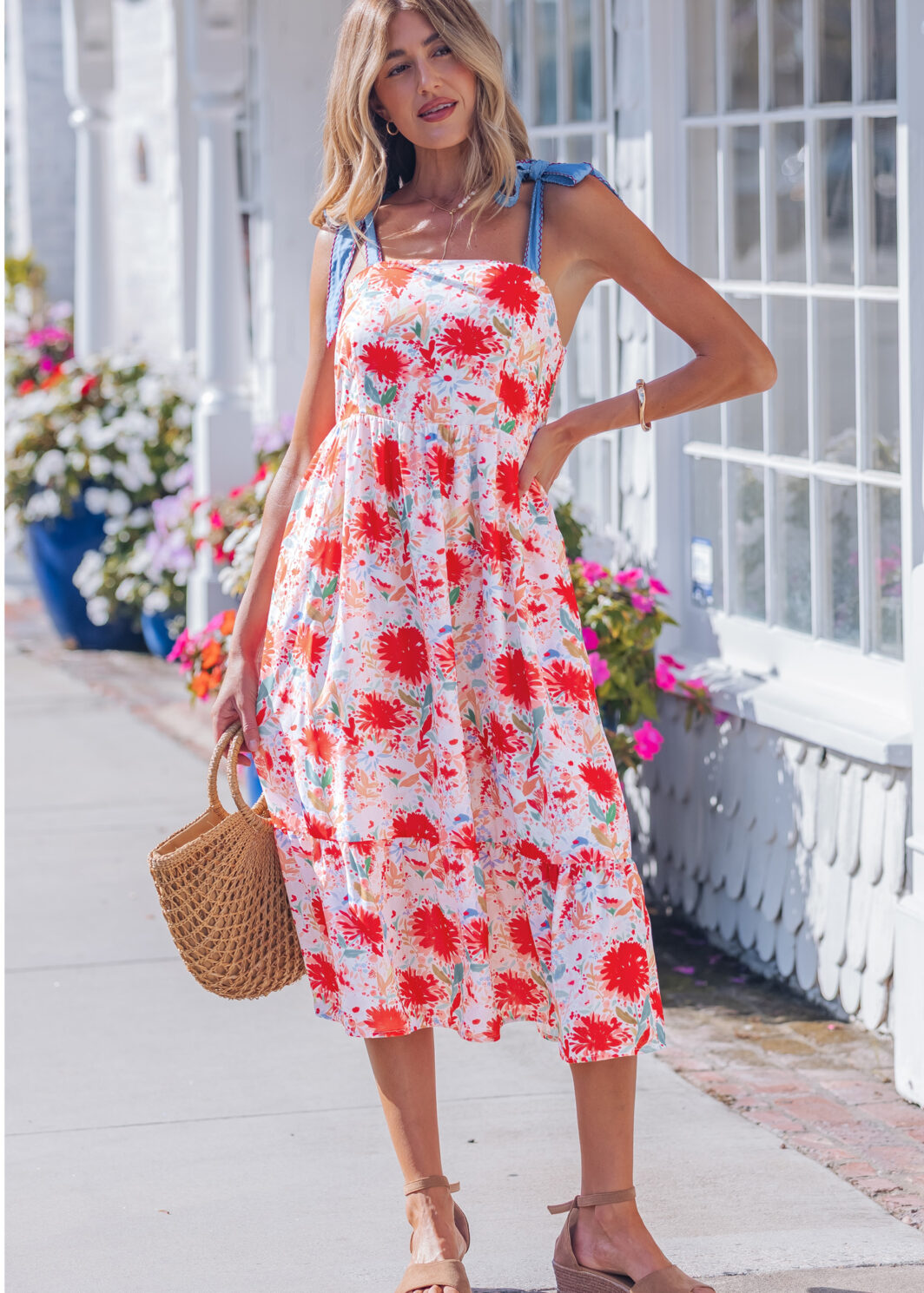 Red Floral Print Contrast Stitched Knot Denim Straps High Waist Dress