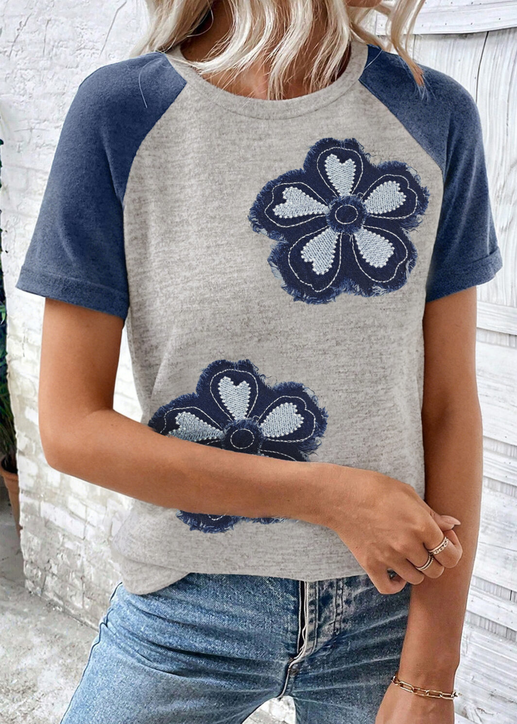 Dark Blue Floral Patchwork Colorblock Raglan Sleeve T Shirt