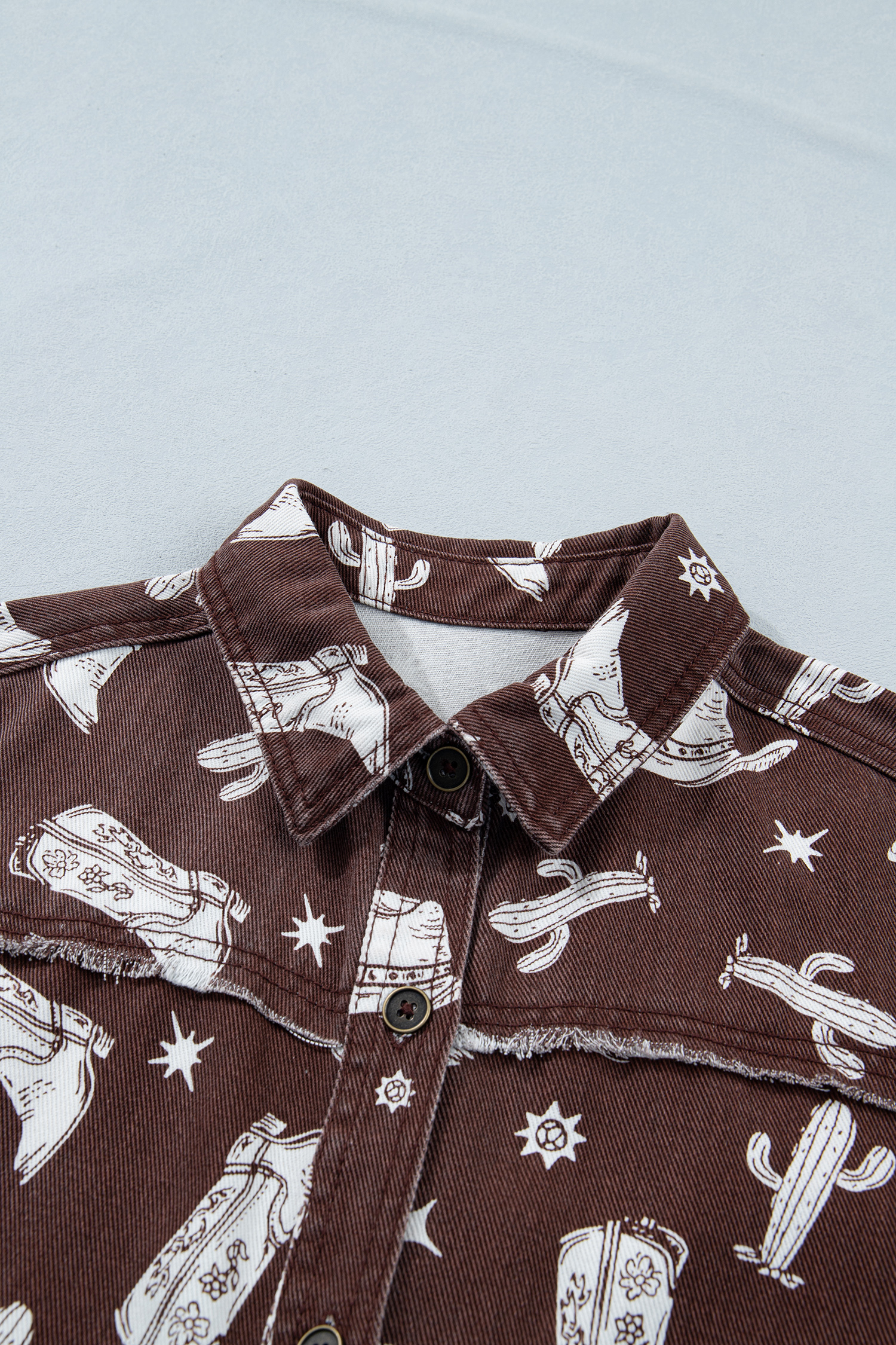 Brown Cowgirl Hats Boots Cactus Print Raw Edge Button Down Short Denim Dress