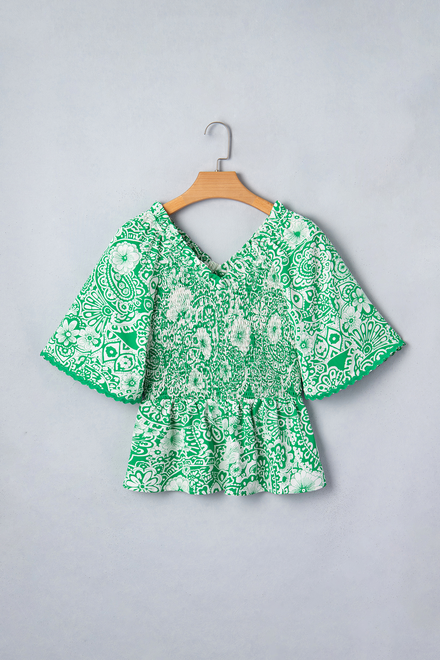 Green Flirty Floral Smocked V Neck Blouse