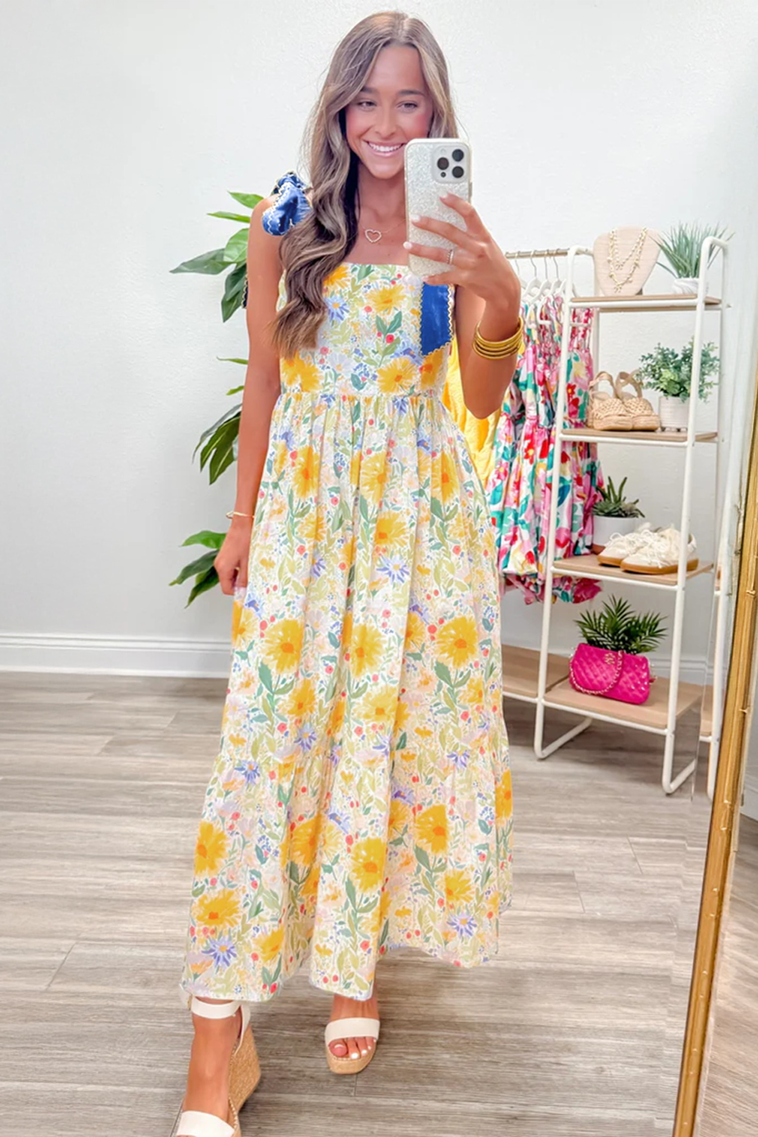 Red Floral Print Contrast Stitched Knot Denim Straps High Waist Dress