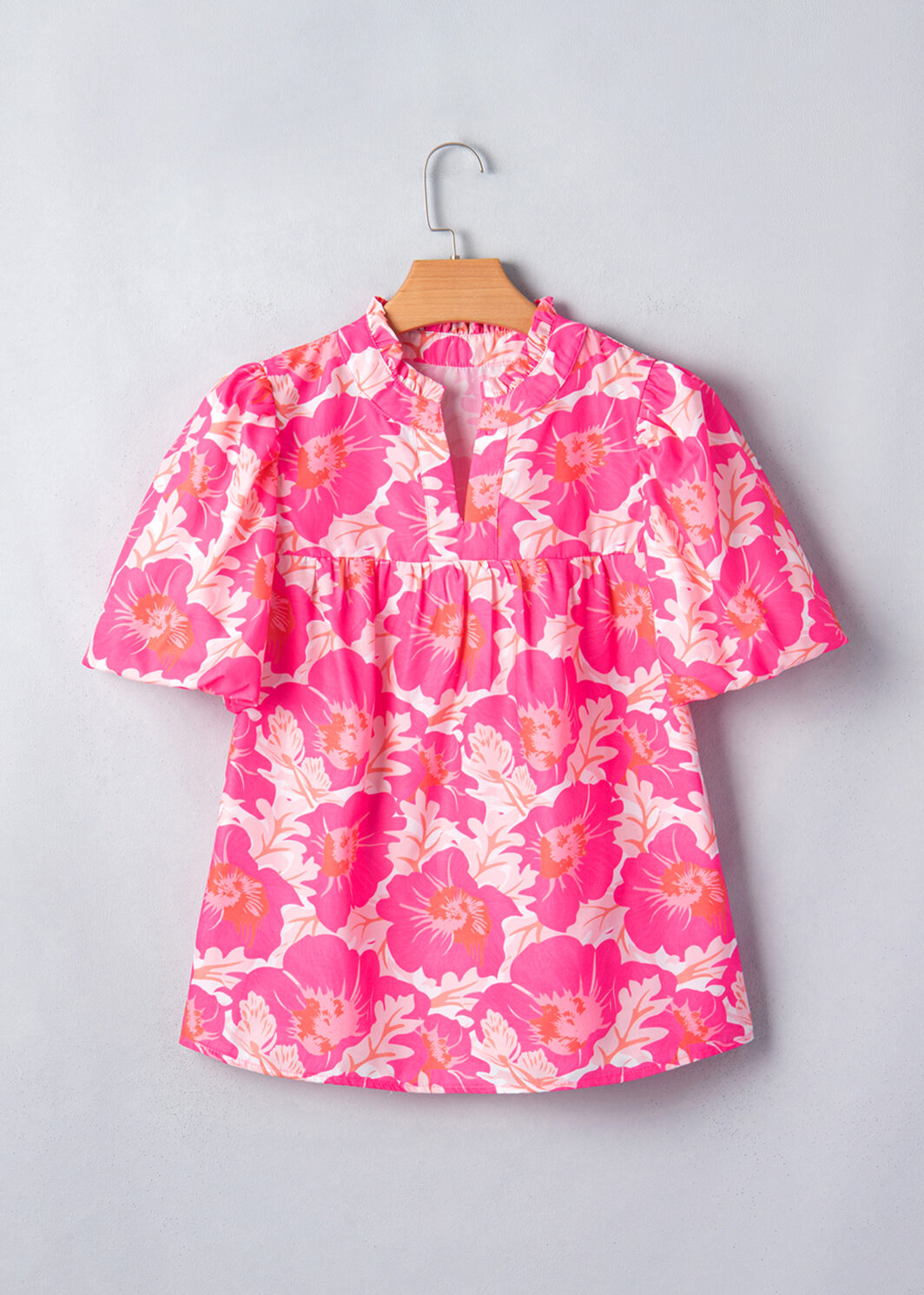 Pink Short Bubble Sleeve Summer Floral Blouse