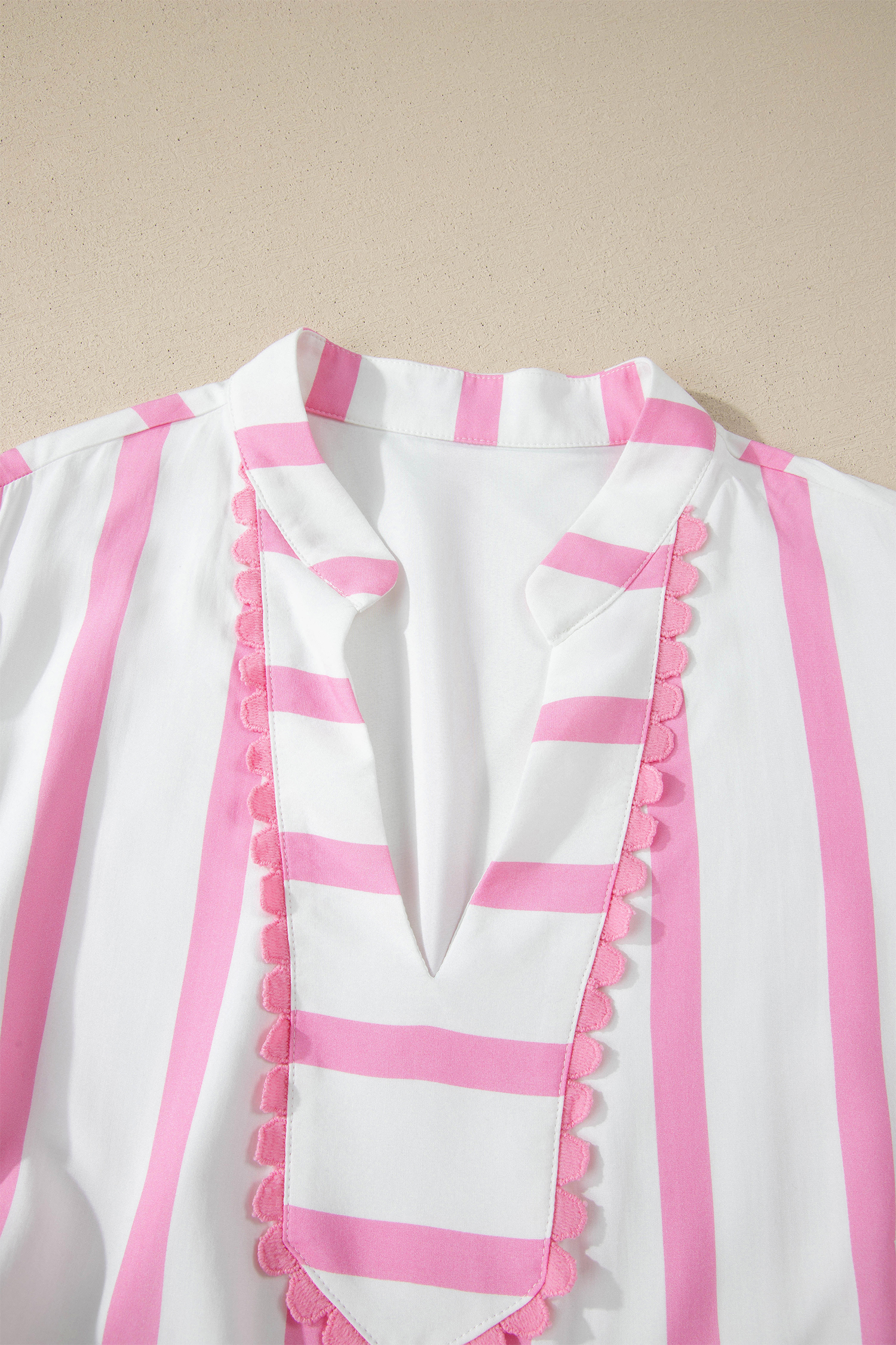 Pink Stripe Plus Size V Neck Short Puff Sleeve Tiered Maxi Dress