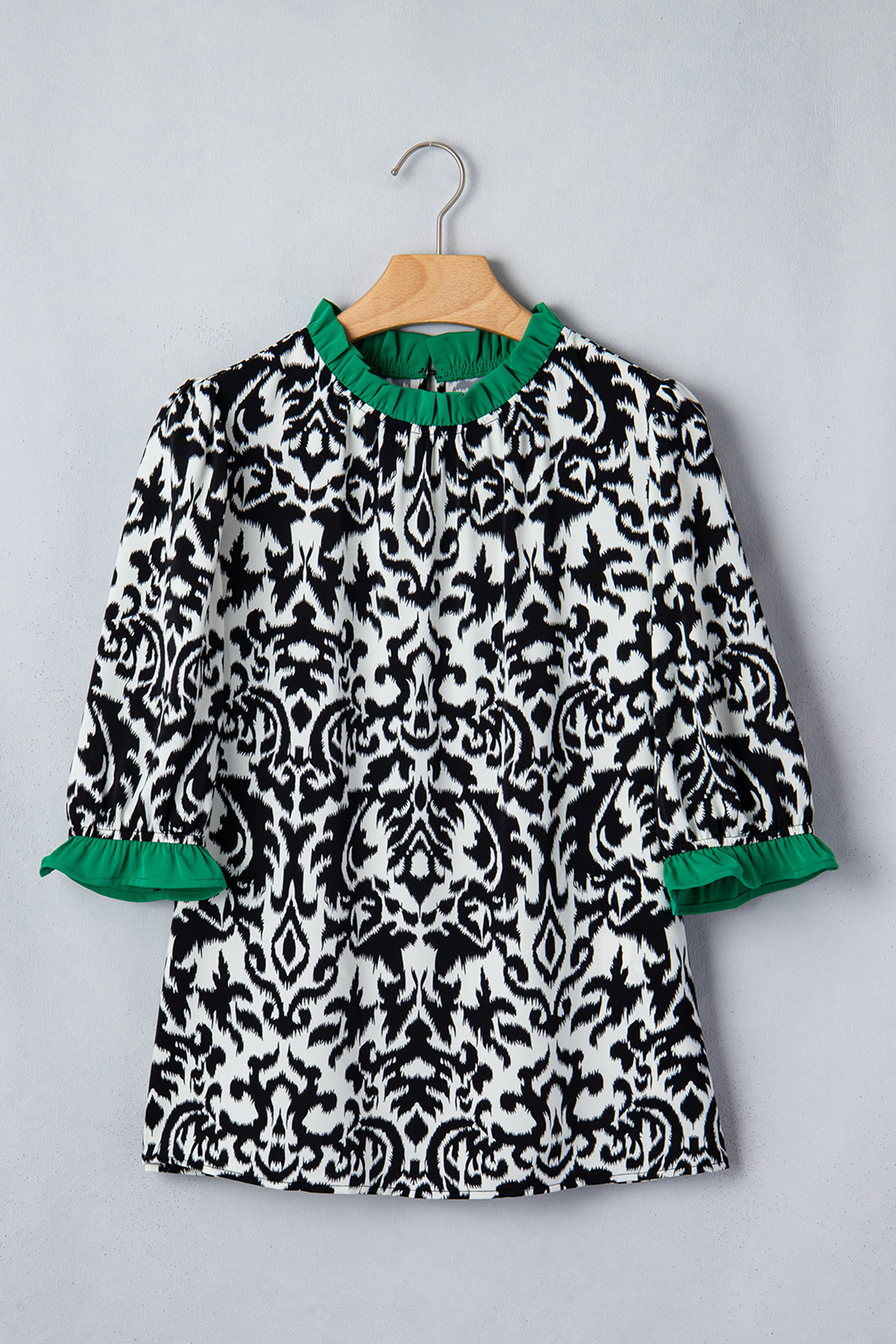Green Damask Print Ruffled Color Block Detail Half Sleeve Blouse