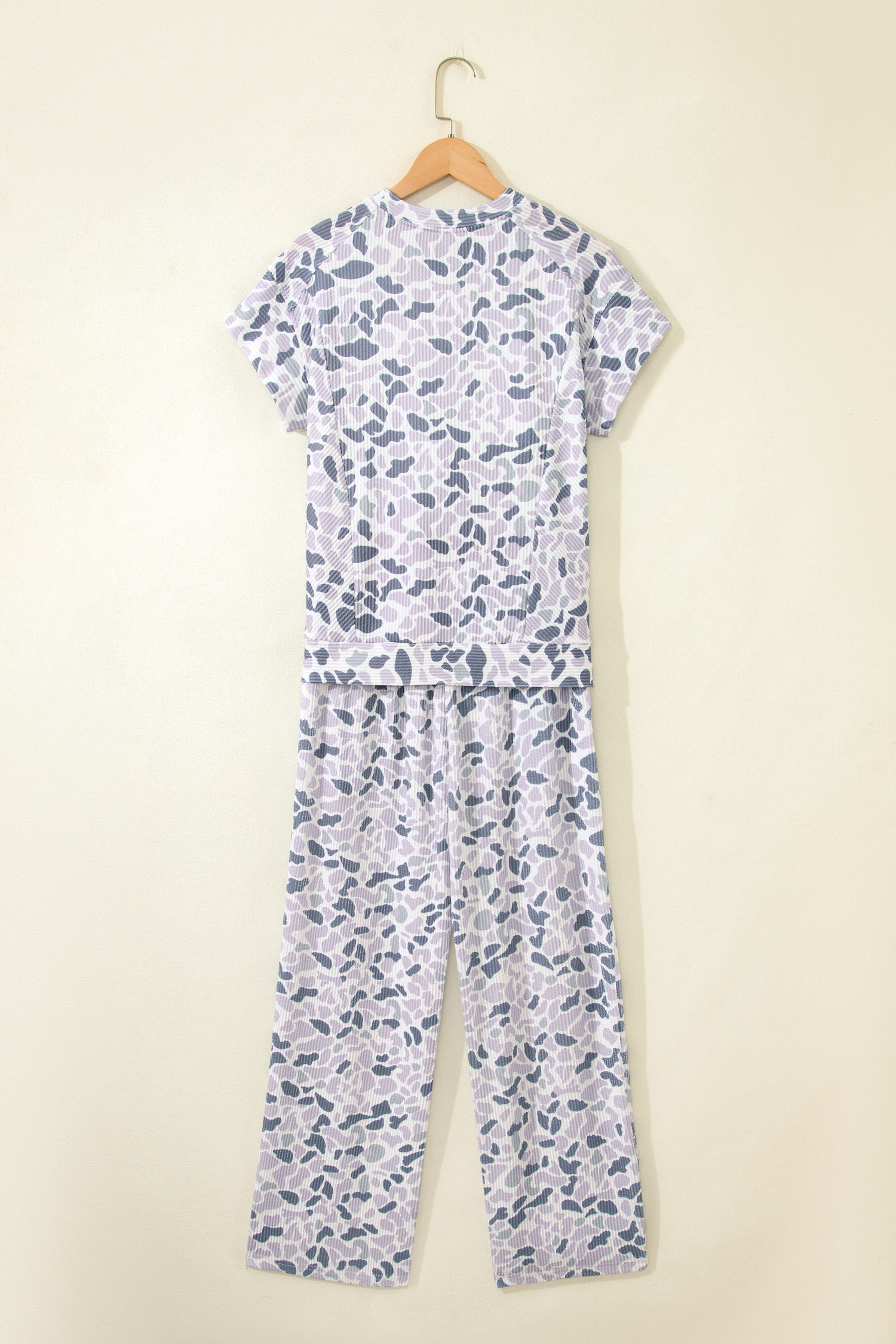 Beige Camouflage Print Twisted Rib Loose Tee Drawstring Pants Set