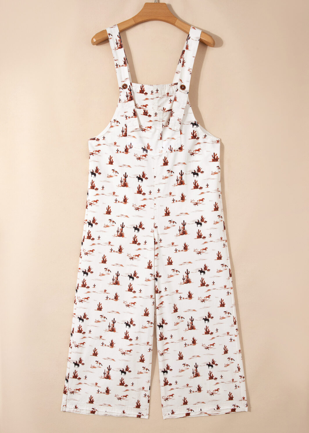 Beige Western Printed Button Adjustable Straps Loose Jumpsuit Dungarees