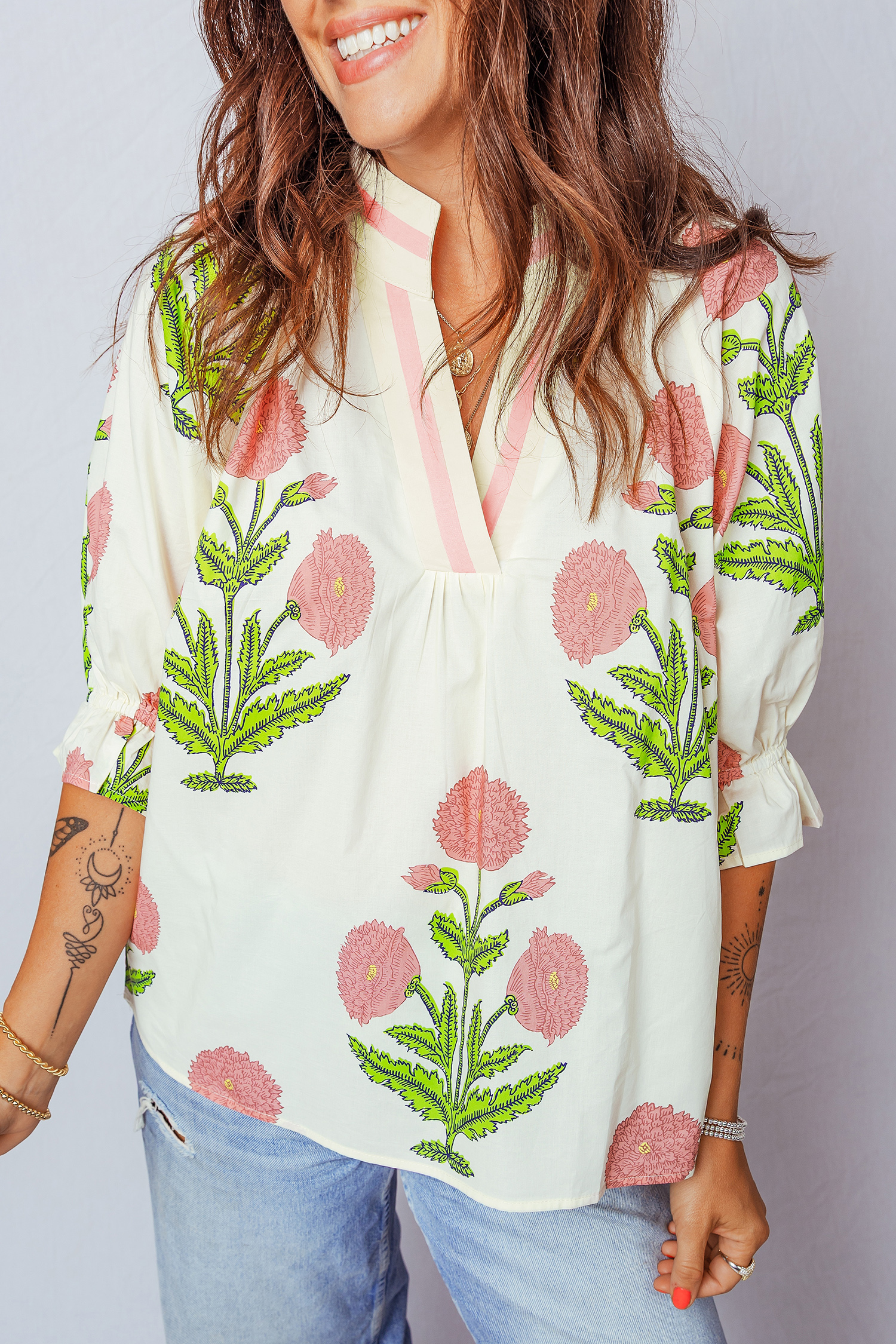 Green Casual Wild Flower Print V Neck 3/4 Sleeve Blouse