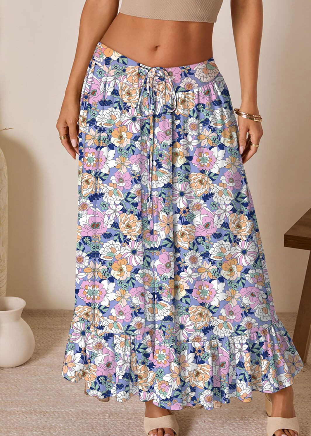 Pink Floral Print Lace-up High Waist Ruffle Hem Maxi Skirt