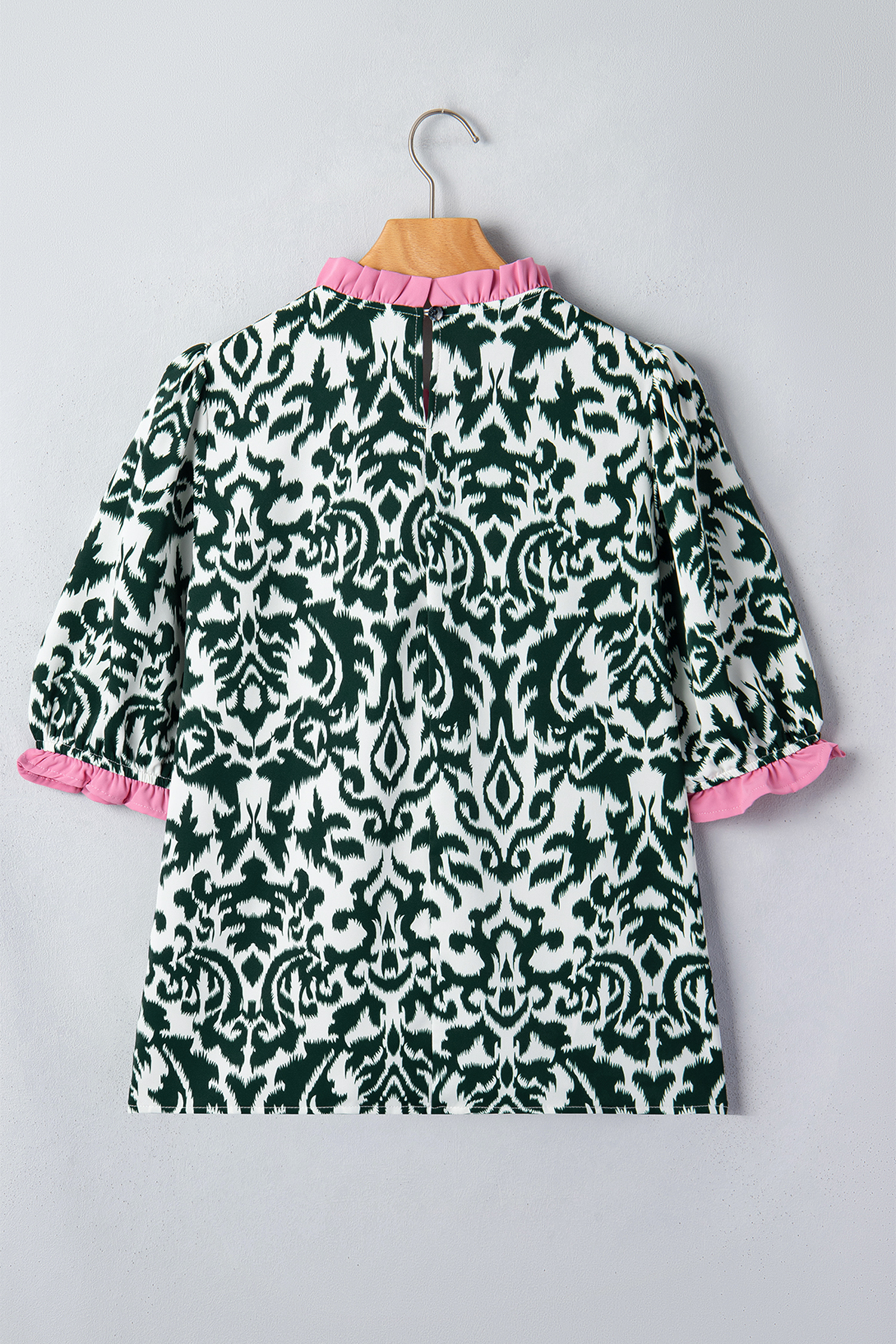 Green Damask Print Ruffled Color Block Detail Half Sleeve Blouse