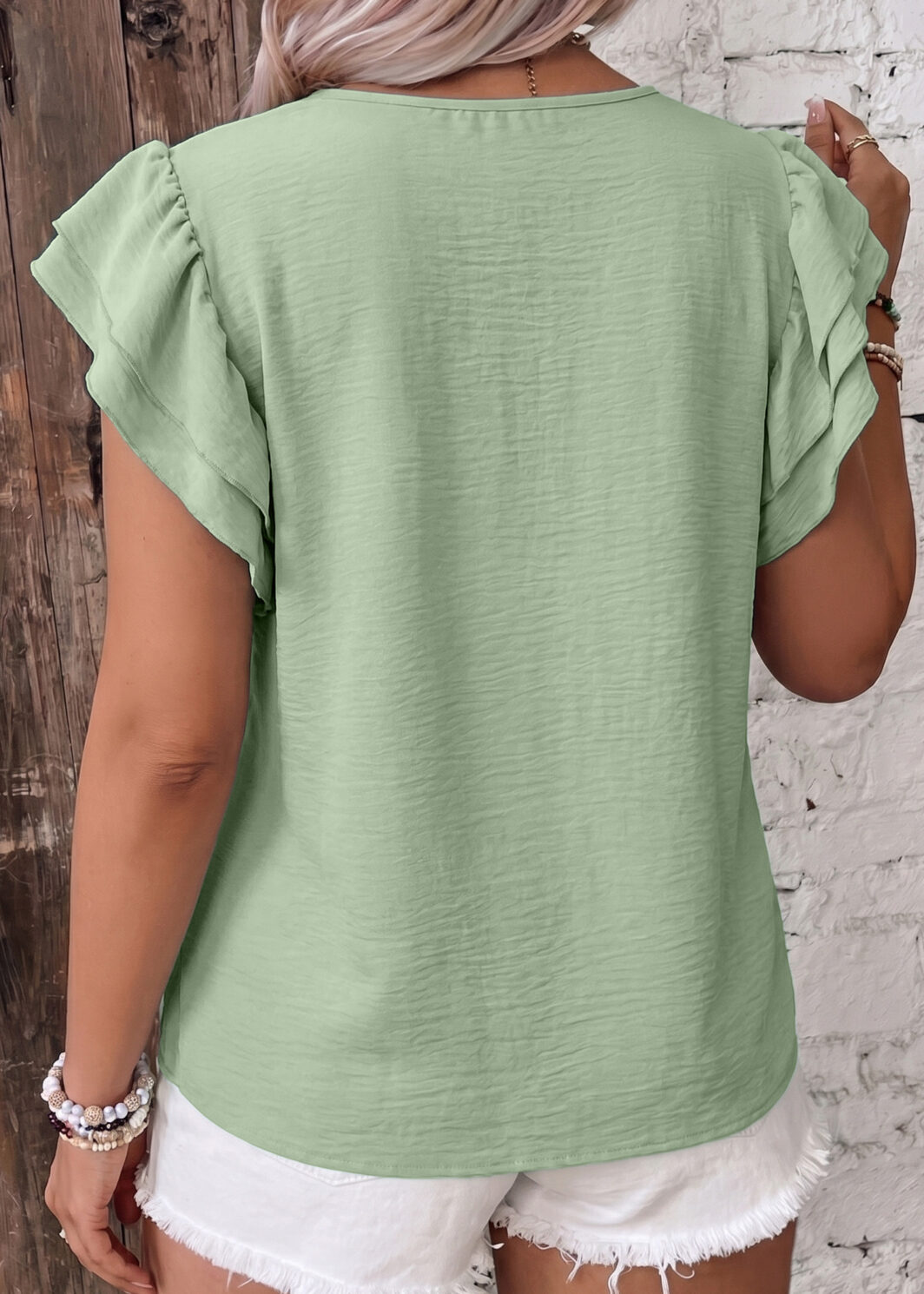 Clearly Aqua Plus Size Crew Neck Ruffle Sleeve Top