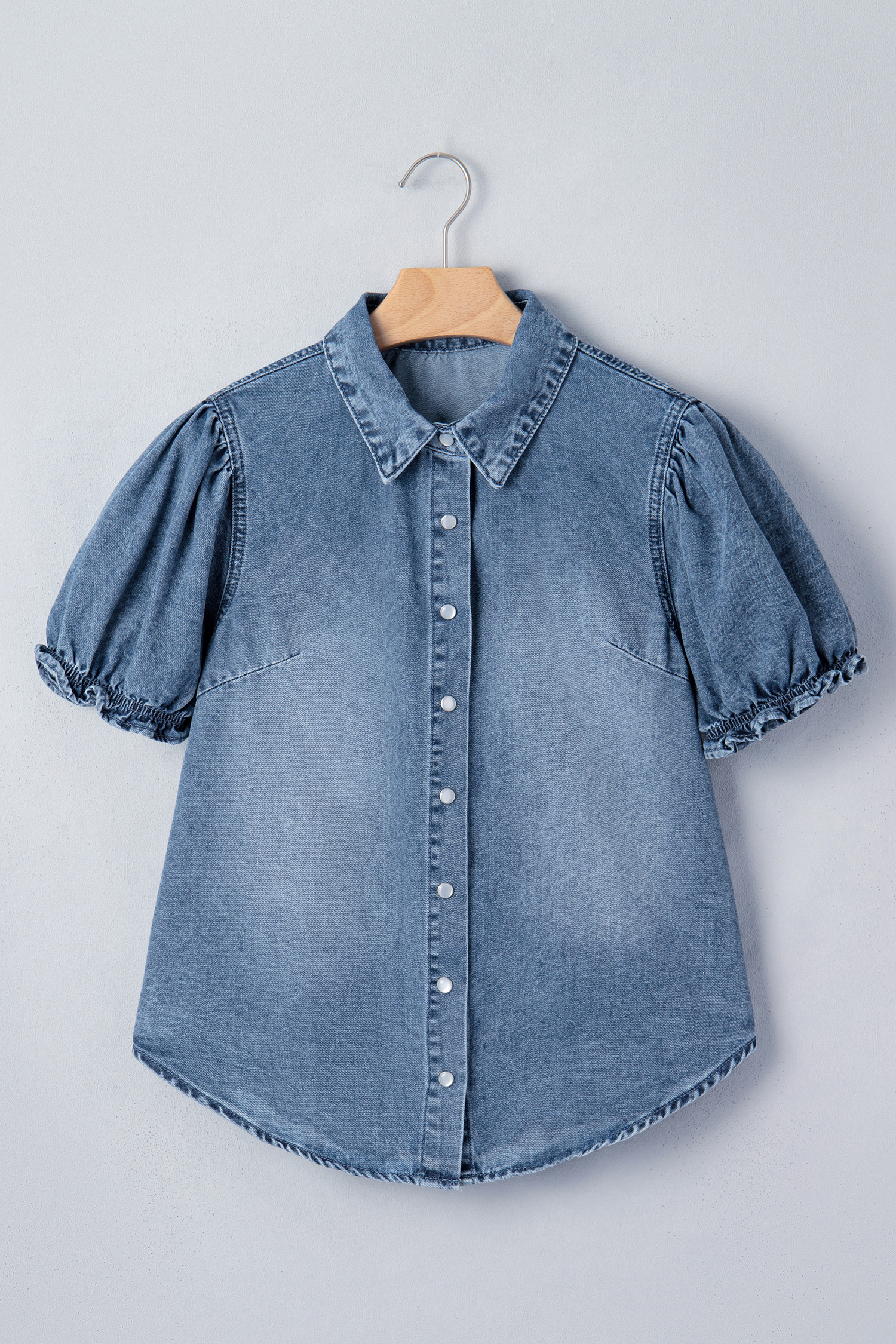 Beau Blue Frilled Short Sleeve Snap Button Denim Shirt