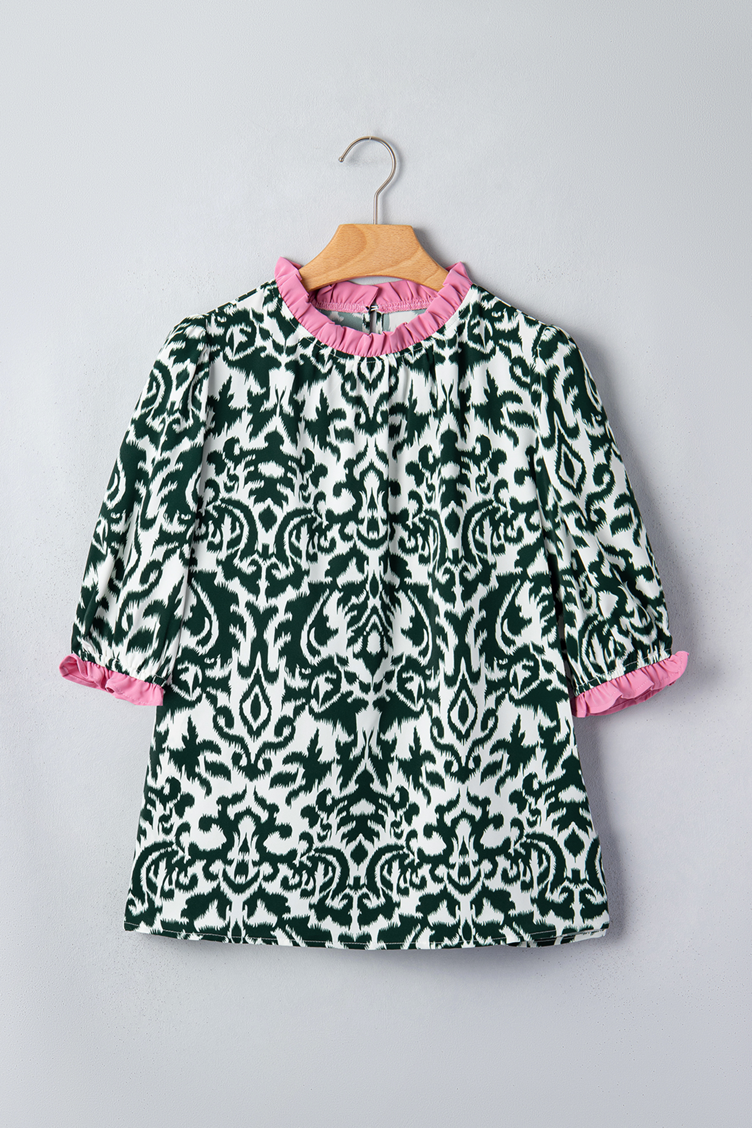 Green Damask Print Ruffled Color Block Detail Half Sleeve Blouse