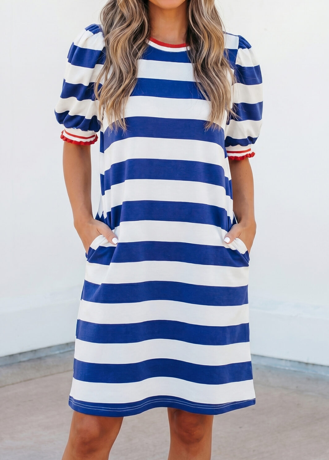 Blue Stripe Contrast Trim Round Neck Short Puff Sleeve Shift Mini Dress