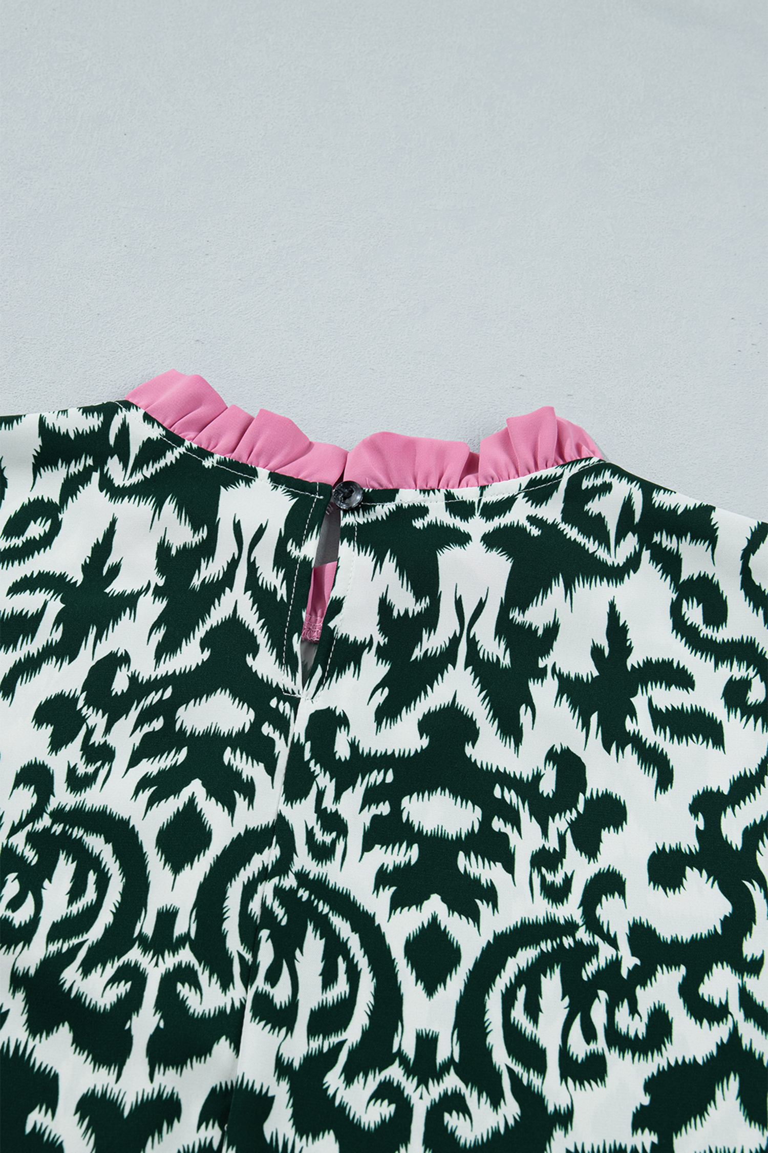 Green Damask Print Ruffled Color Block Detail Half Sleeve Blouse