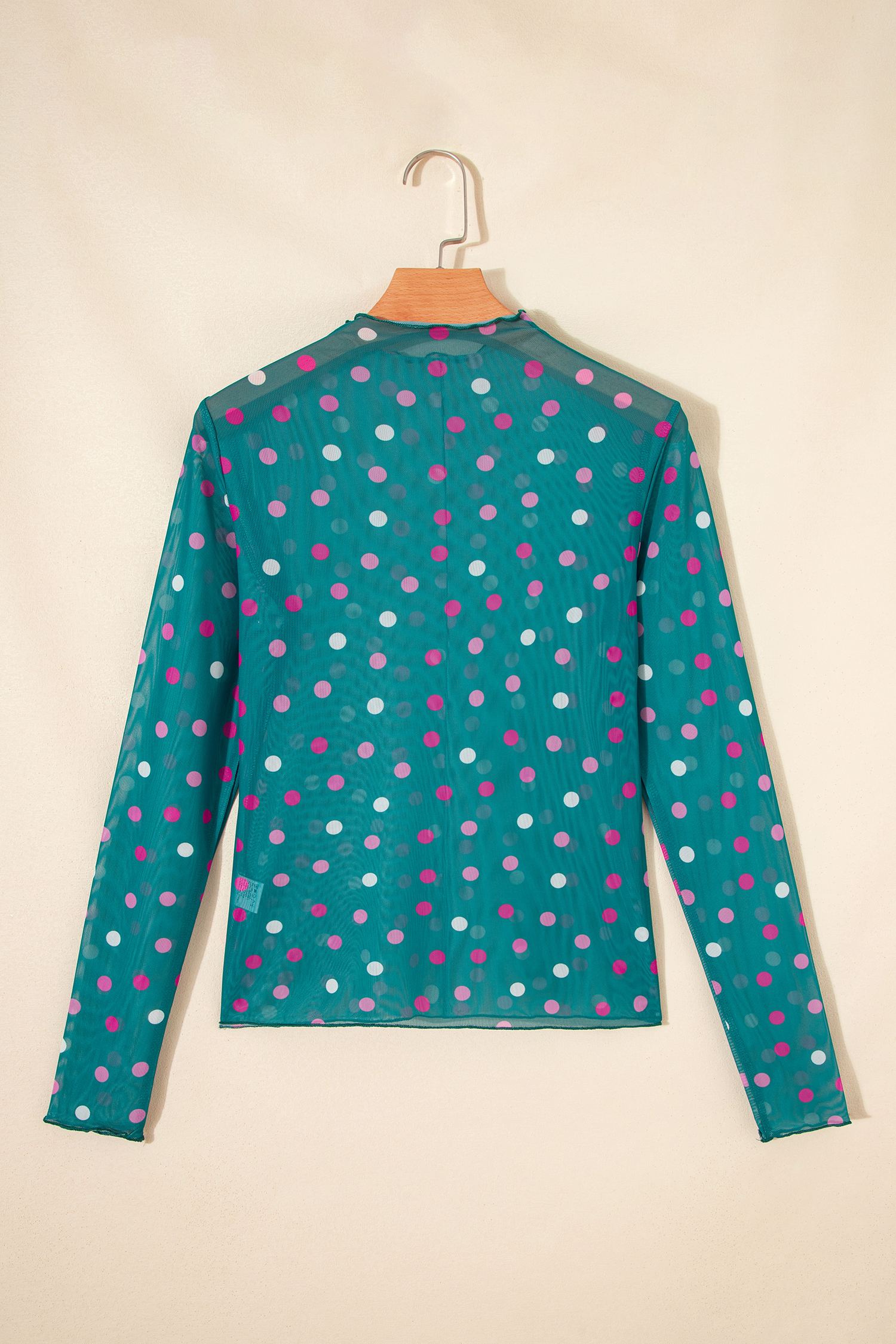 Red Polka Dot Patterned Bodycon Mock Neck Mesh Long Sleeve Top
