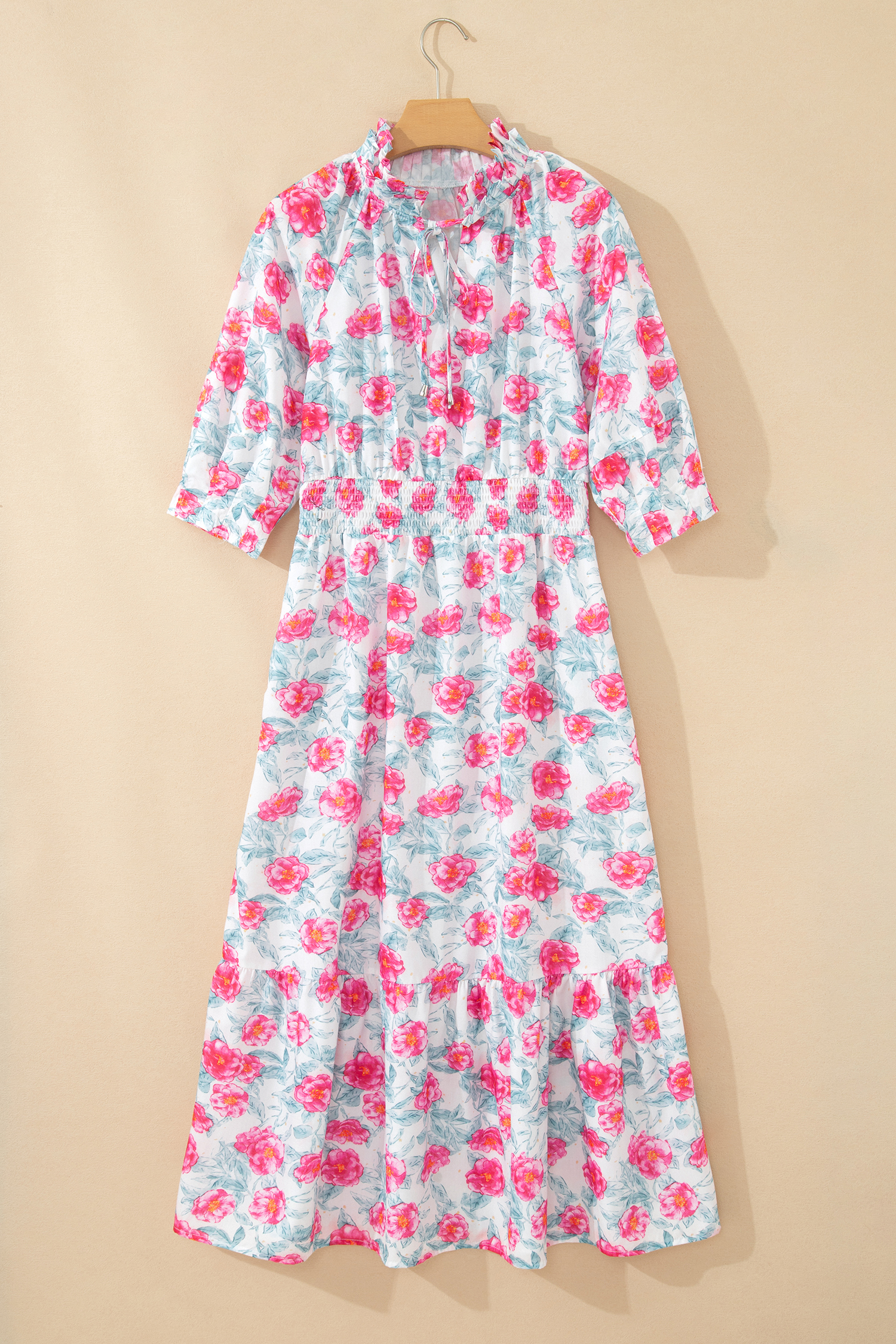Red Elegant Floral Puff Sleeve Midi Dress