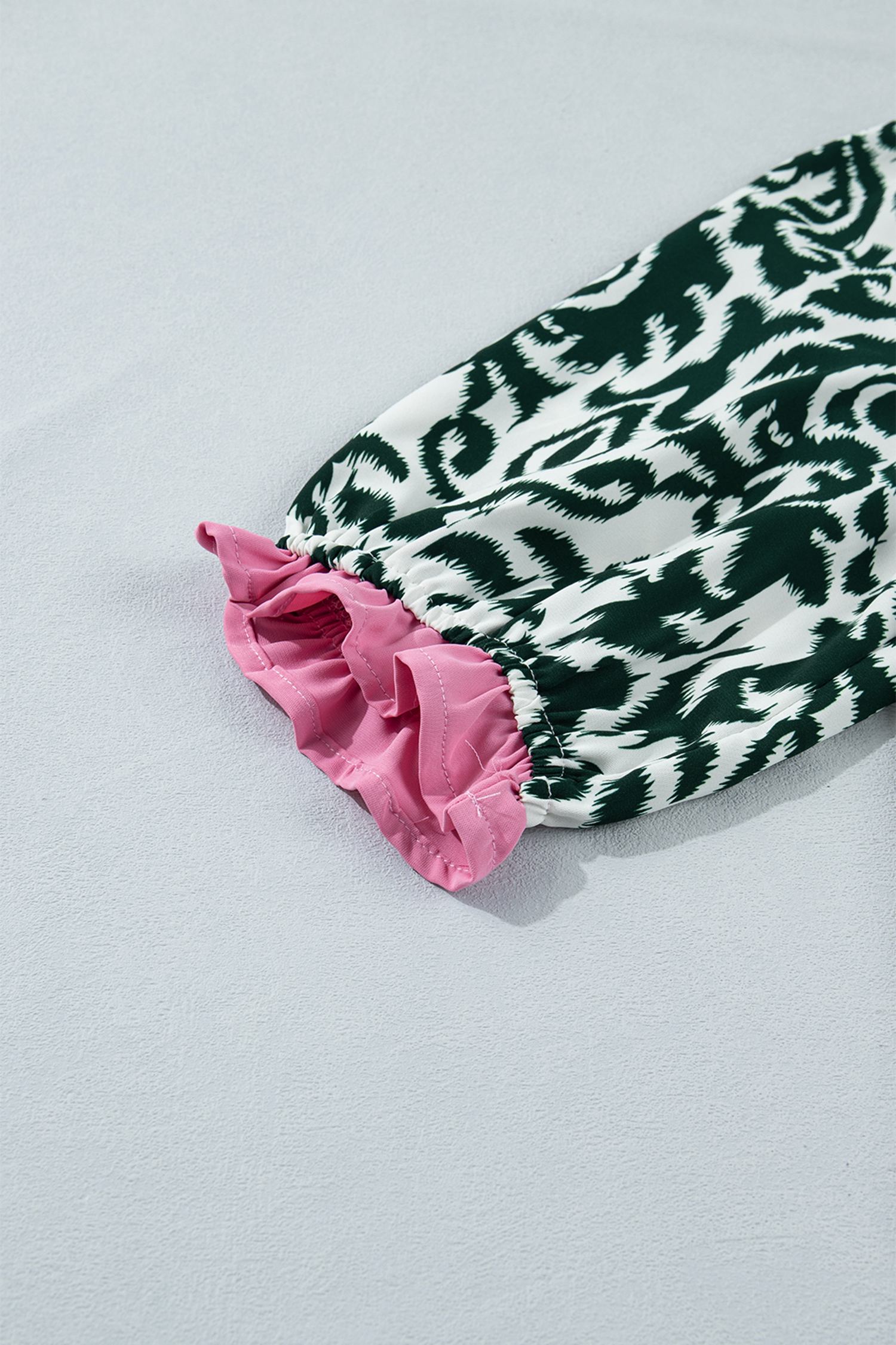 Green Damask Print Ruffled Color Block Detail Half Sleeve Blouse