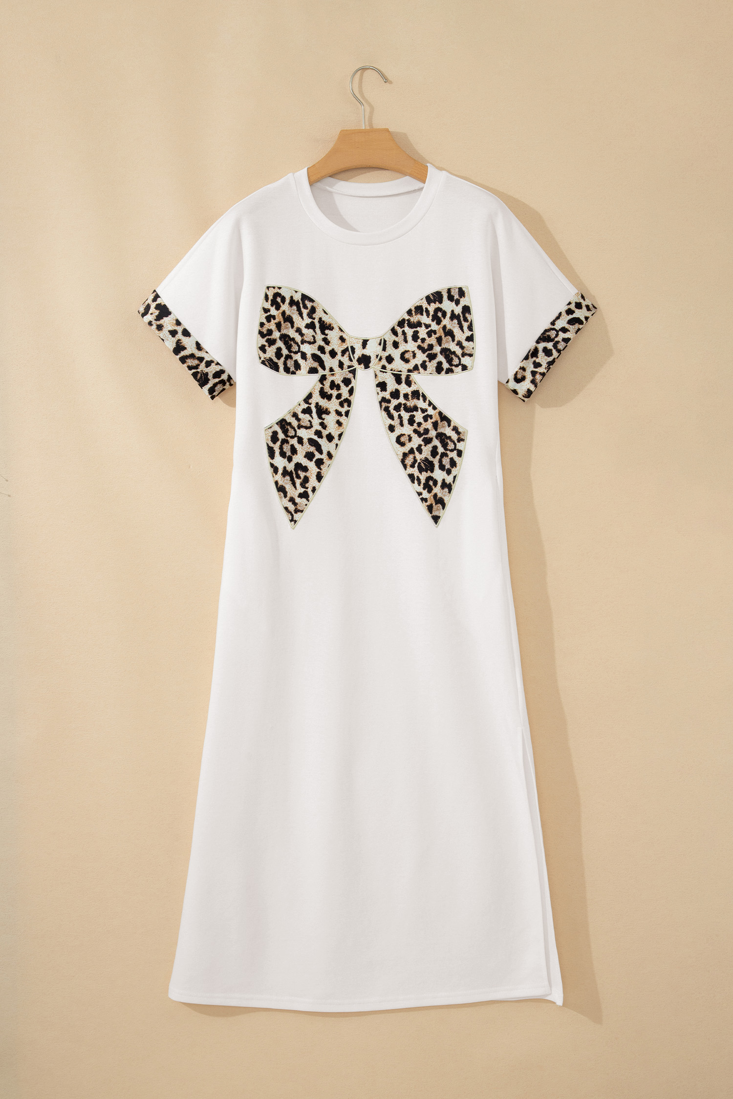 Dark Grey Contrast Leopard Bow Patched Short Sleeve T Shirt Long Dress