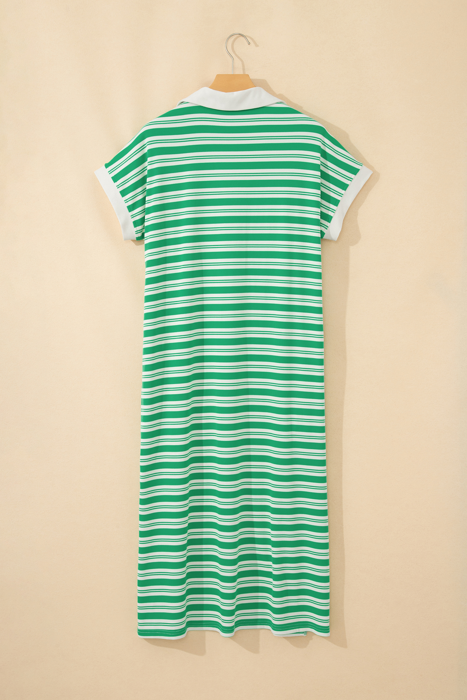 Green Stripe Collared V Neck Short Sleeve T Shirt Midi Dress with Pockets