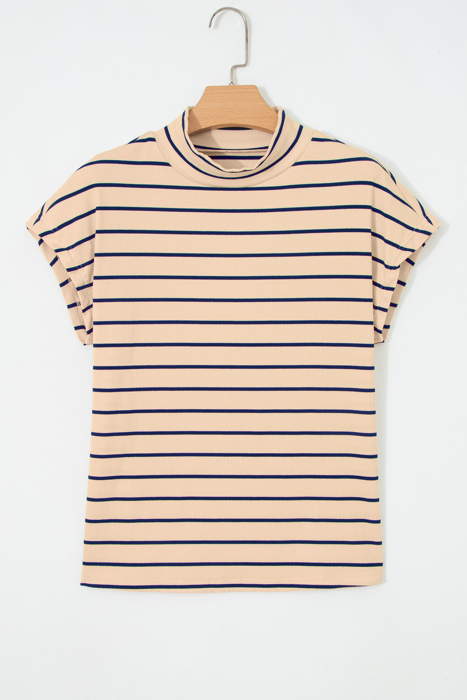 Khaki Stripe Mock Neck Short Sleeve Loose Top