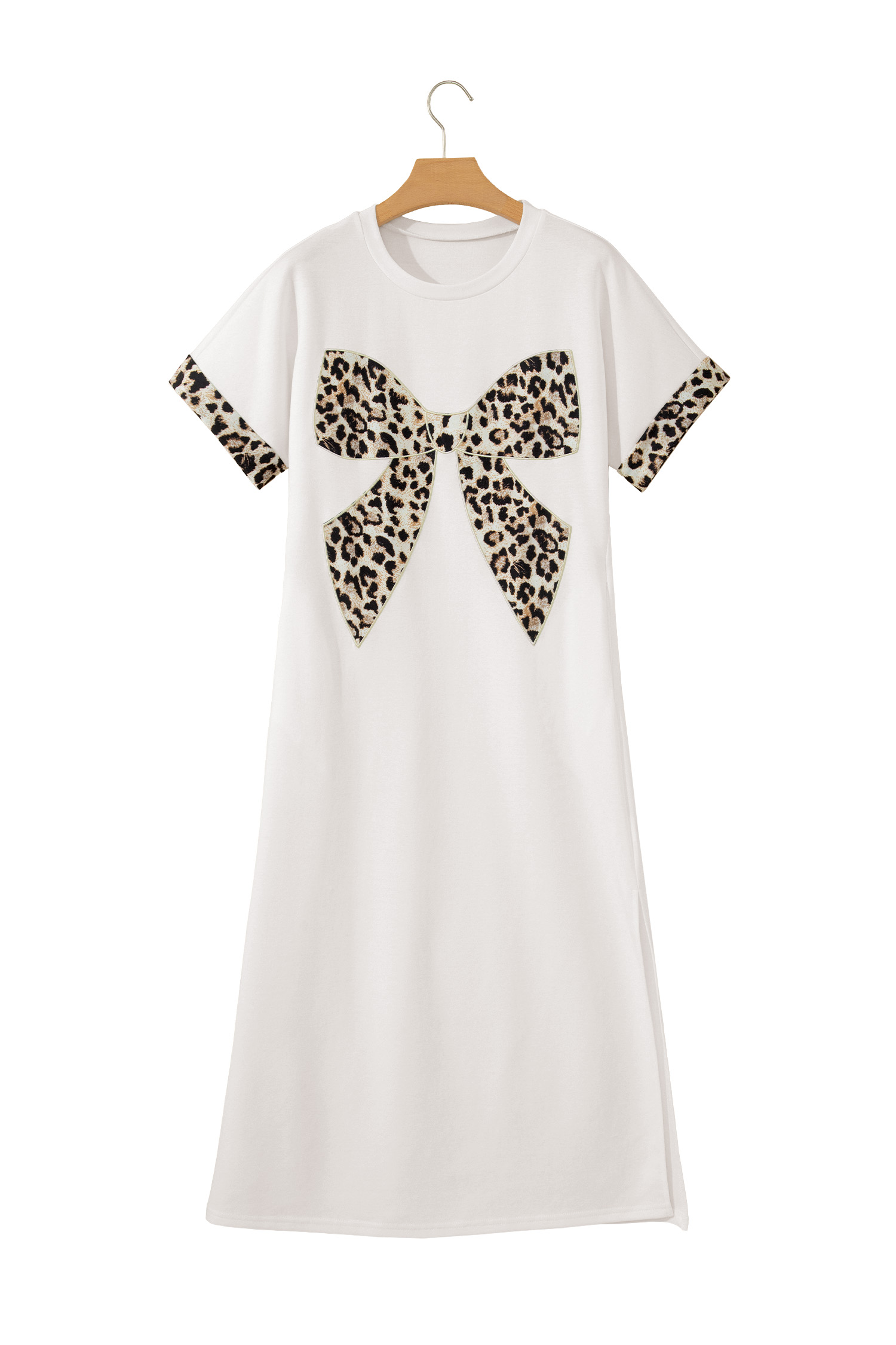 Dark Grey Contrast Leopard Bow Patched Short Sleeve T Shirt Long Dress