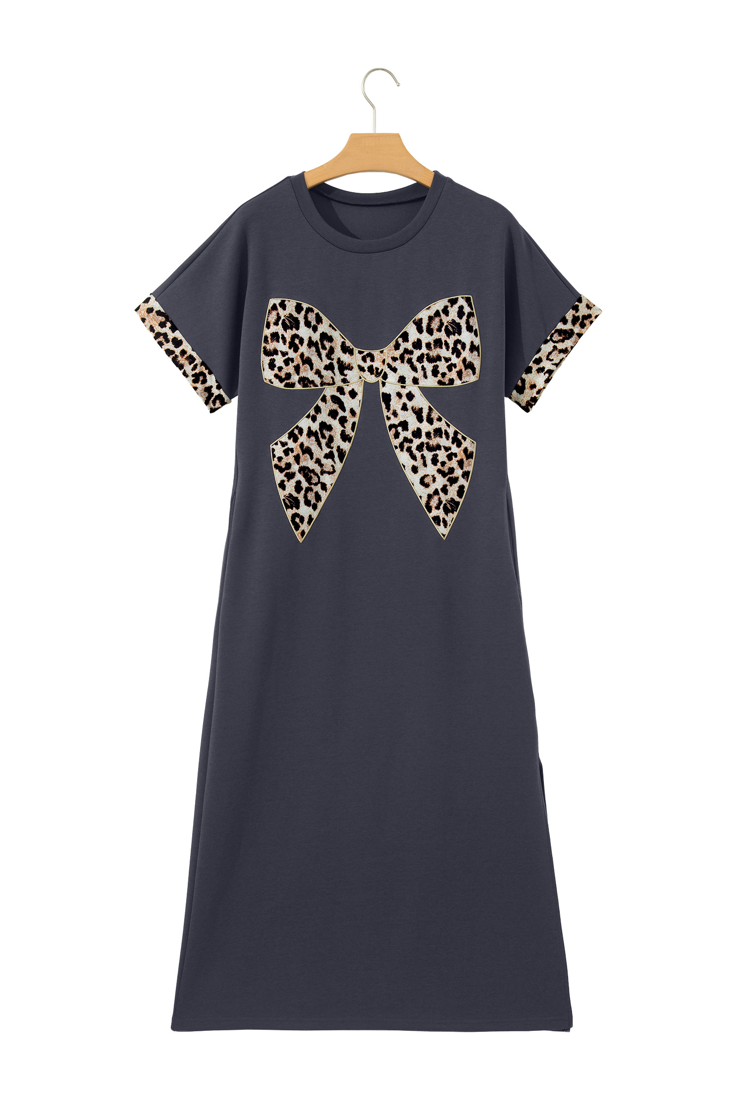 Dark Grey Contrast Leopard Bow Patched Short Sleeve T Shirt Long Dress