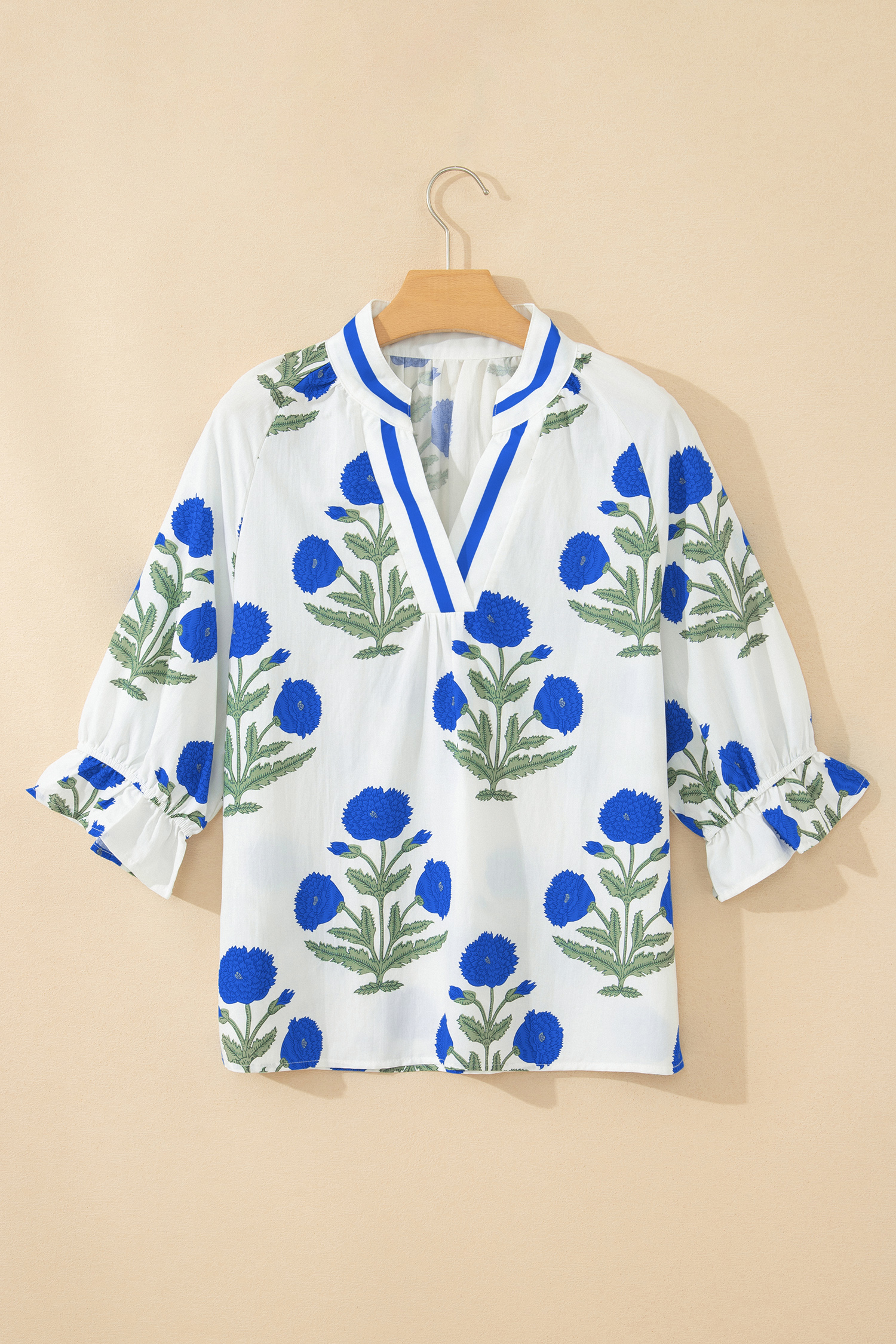 Green Casual Wild Flower Print V Neck 3/4 Sleeve Blouse