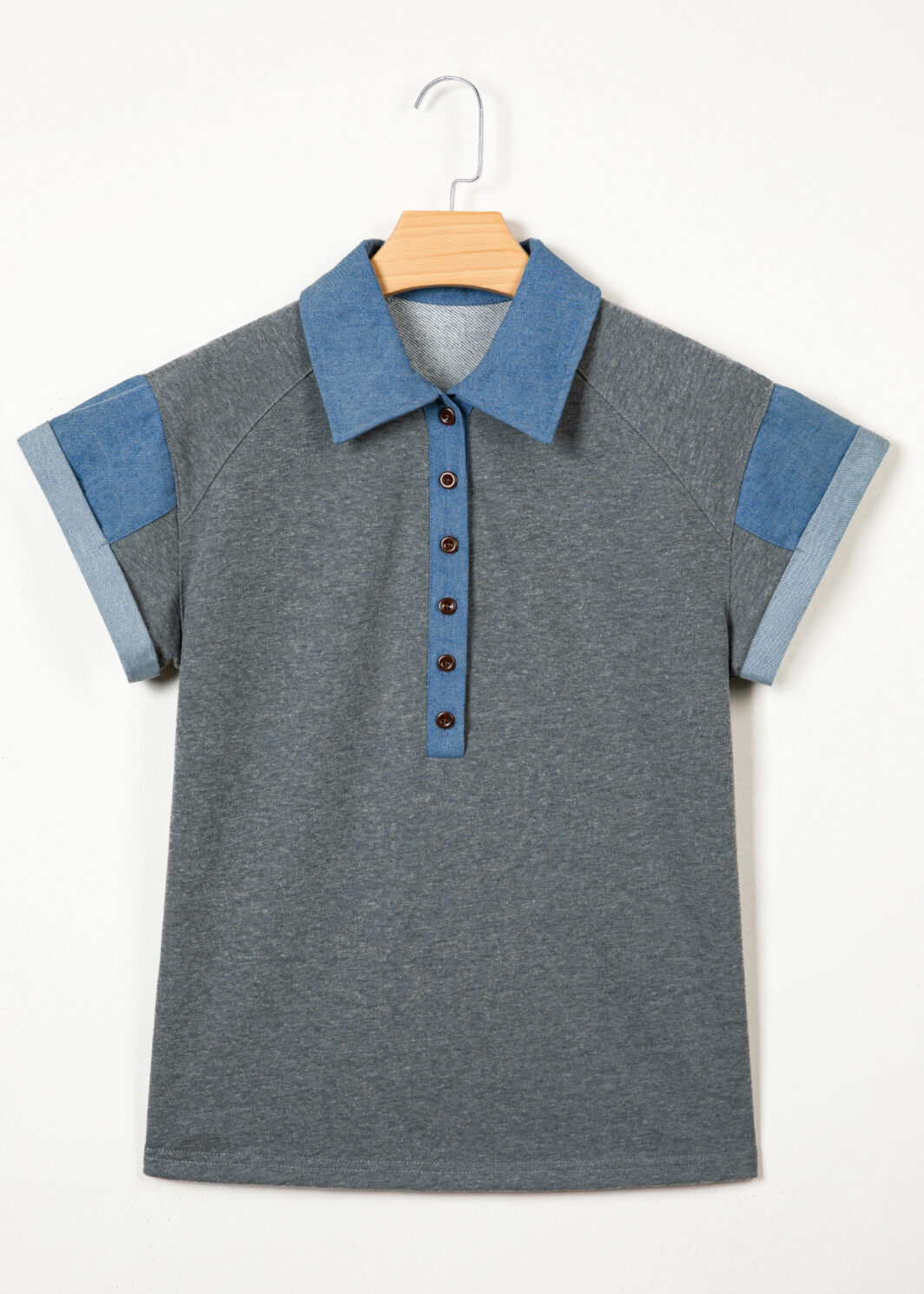 Carbon Grey Denim Color Block Patchwork Shirt Collar Short Sleeve Blouse