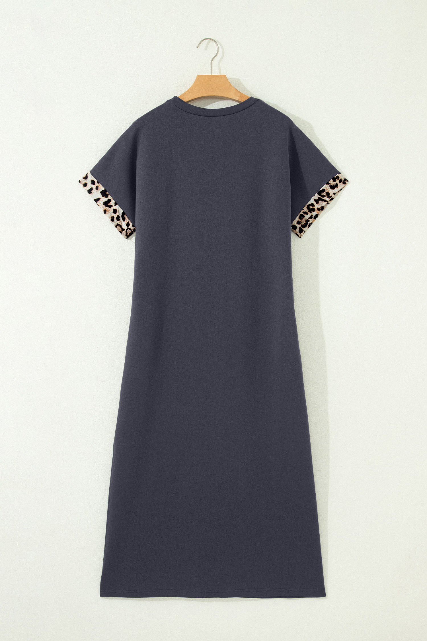 Dark Grey Contrast Leopard Bow Patched Short Sleeve T Shirt Long Dress