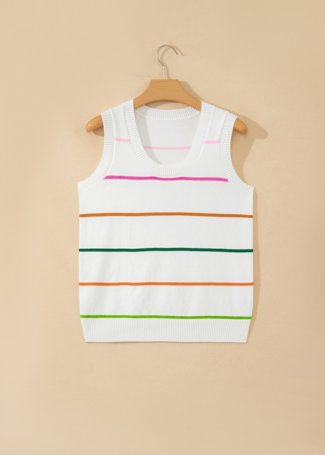 White Stripe Round Neck Knitted Sweater Tank