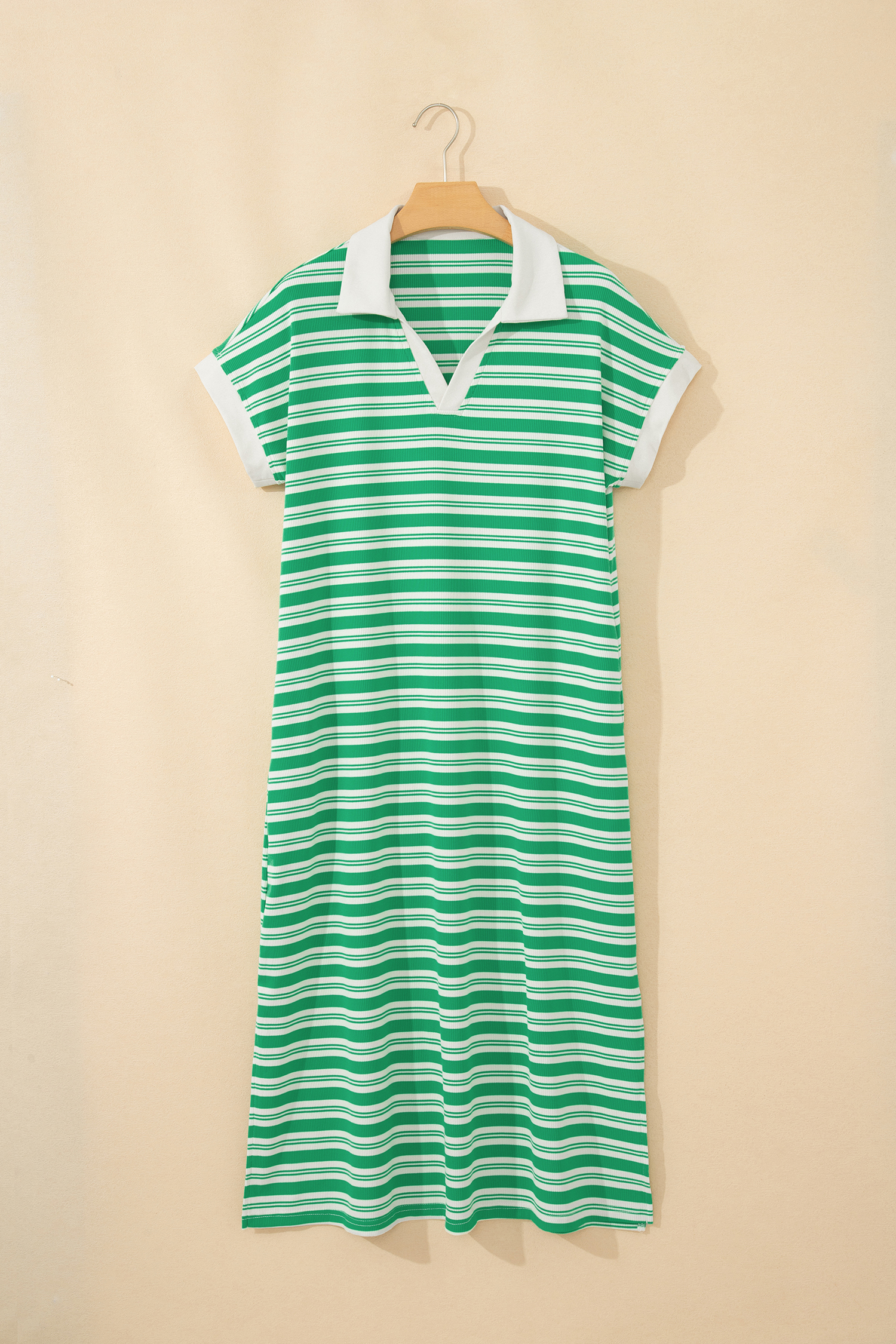 Green Stripe Collared V Neck Short Sleeve T Shirt Midi Dress with Pockets