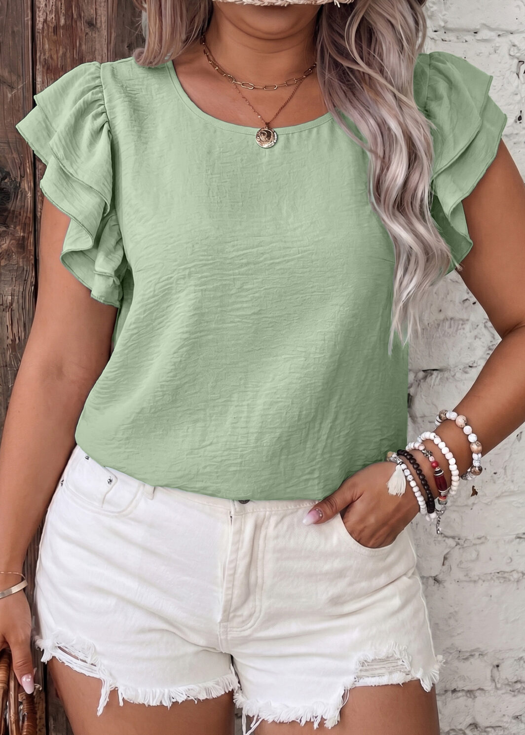 Clearly Aqua Plus Size Crew Neck Ruffle Sleeve Top