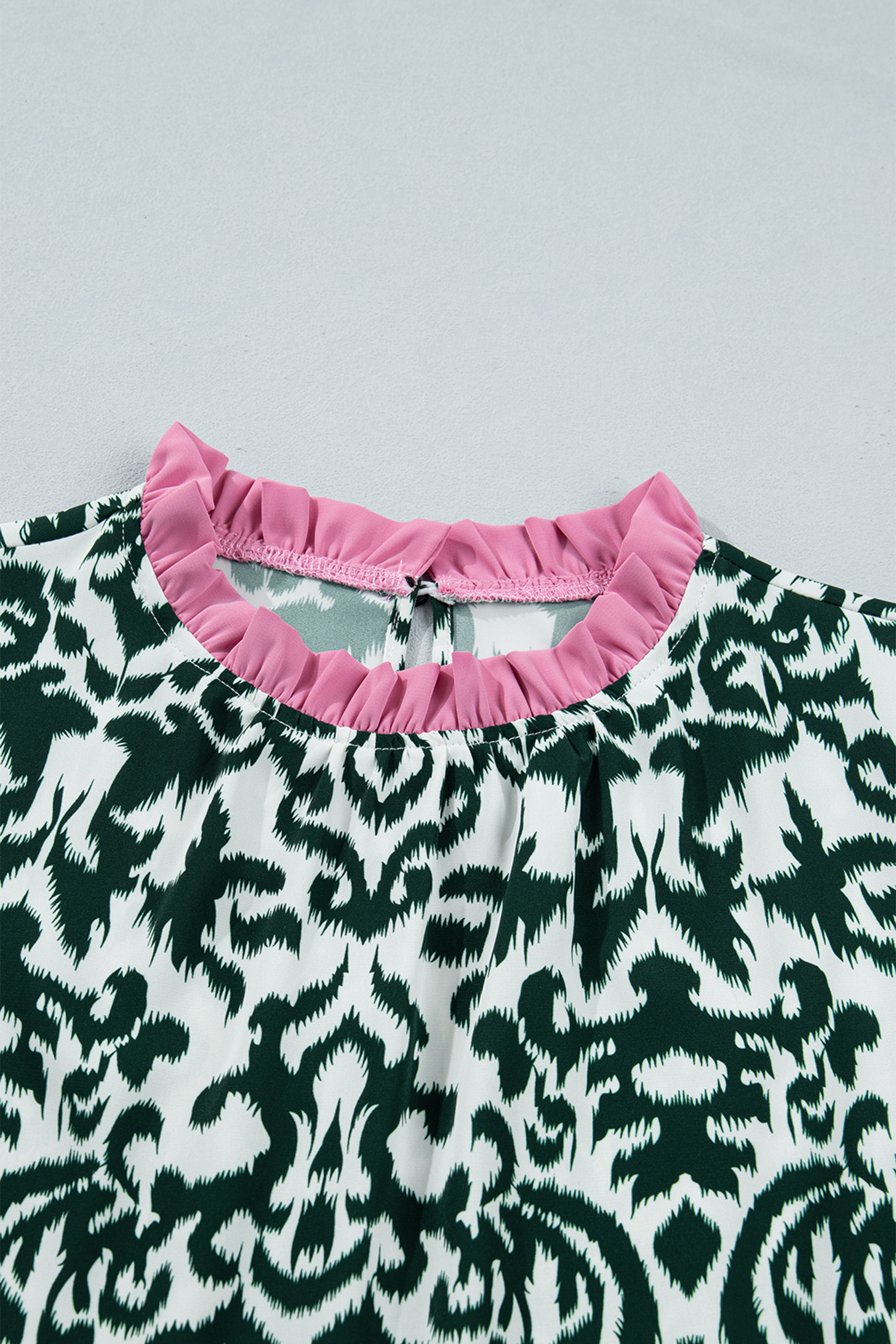 Green Damask Print Ruffled Color Block Detail Half Sleeve Blouse