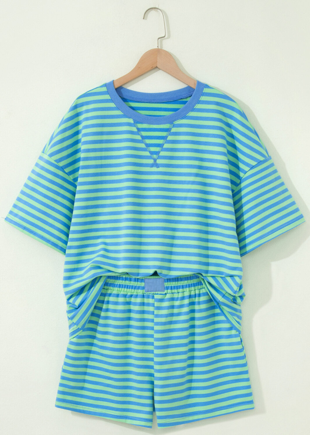 Green Stripe Striped Ribbed Cotton Two-Piece Pant Set with Chest Patch Detail