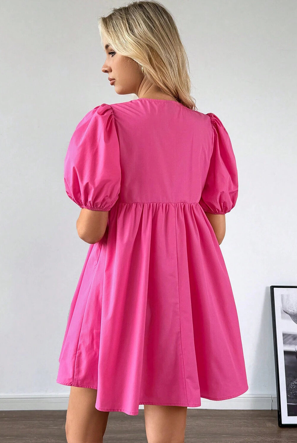 Bright Pink Solid Color Puff Sleeve Tie Front High Waist Mini Dress