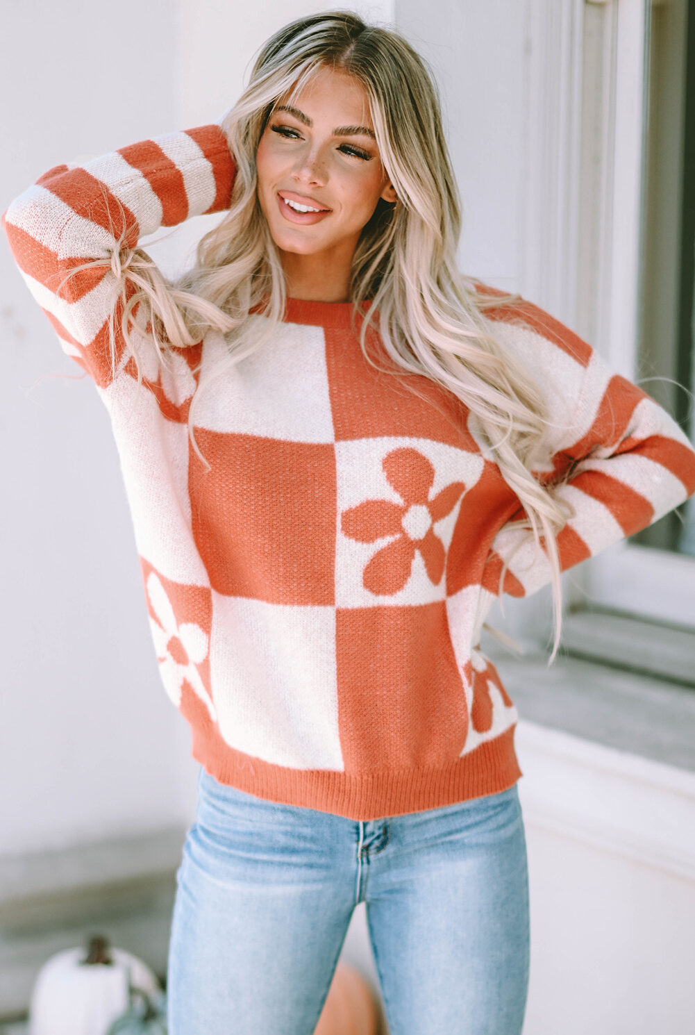 Brown Checkered Floral Print Striped Sleeve Sweater