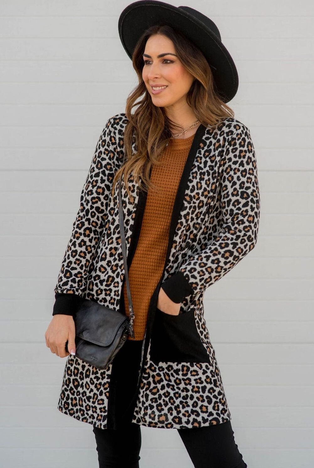 Black Leopard Patched Pocket Open Front Cardigan