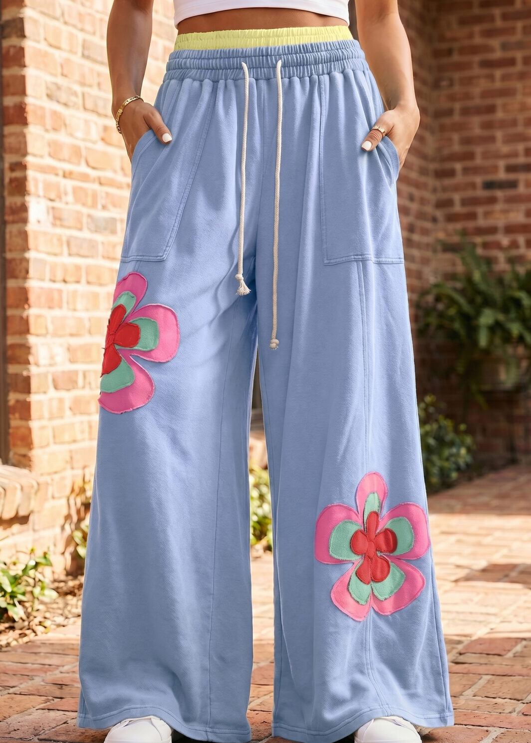 Sky Blue Color Block Flower Patchwork Drawstring Contrasted Elastic Waist Wide Leg Pants