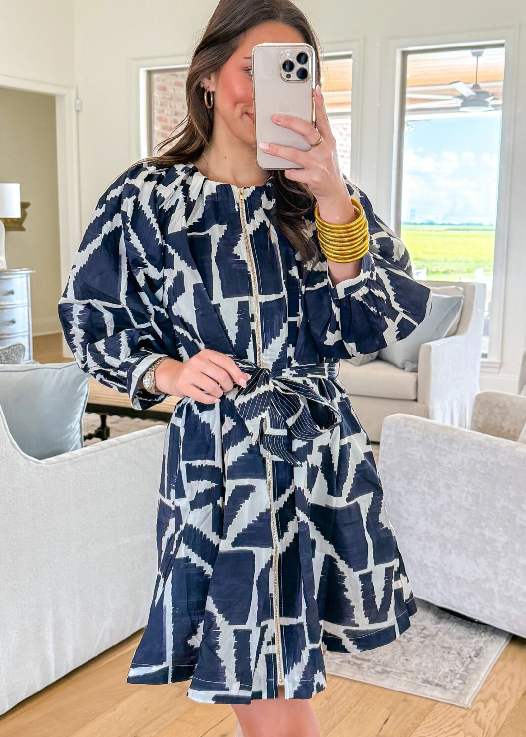 Blue Abstract Geometric Print Zip Front Tie Waist Shift Dress