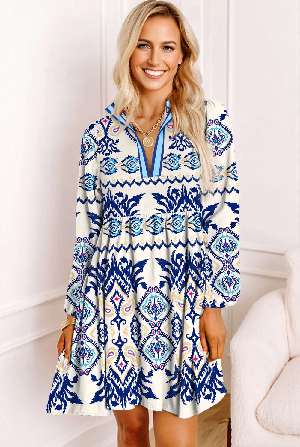 Blue Ethnic Print Striped Split Neck Long Sleeve Flowy Mini Dress
