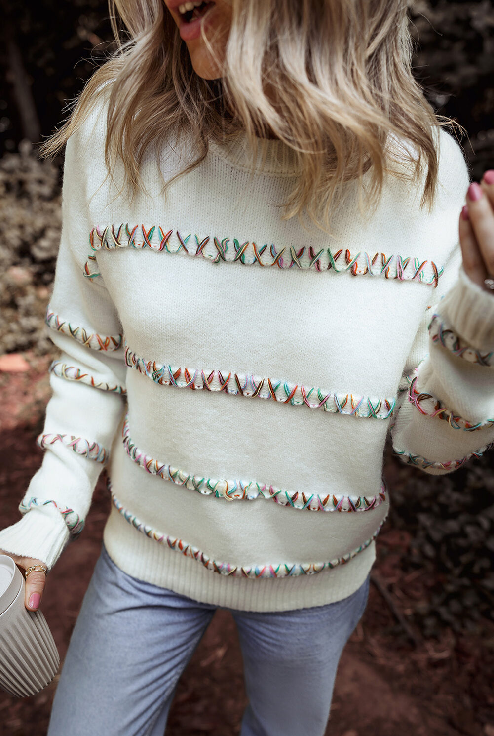 White Colorful Crossed Stitch Drop Shoulder Sweater