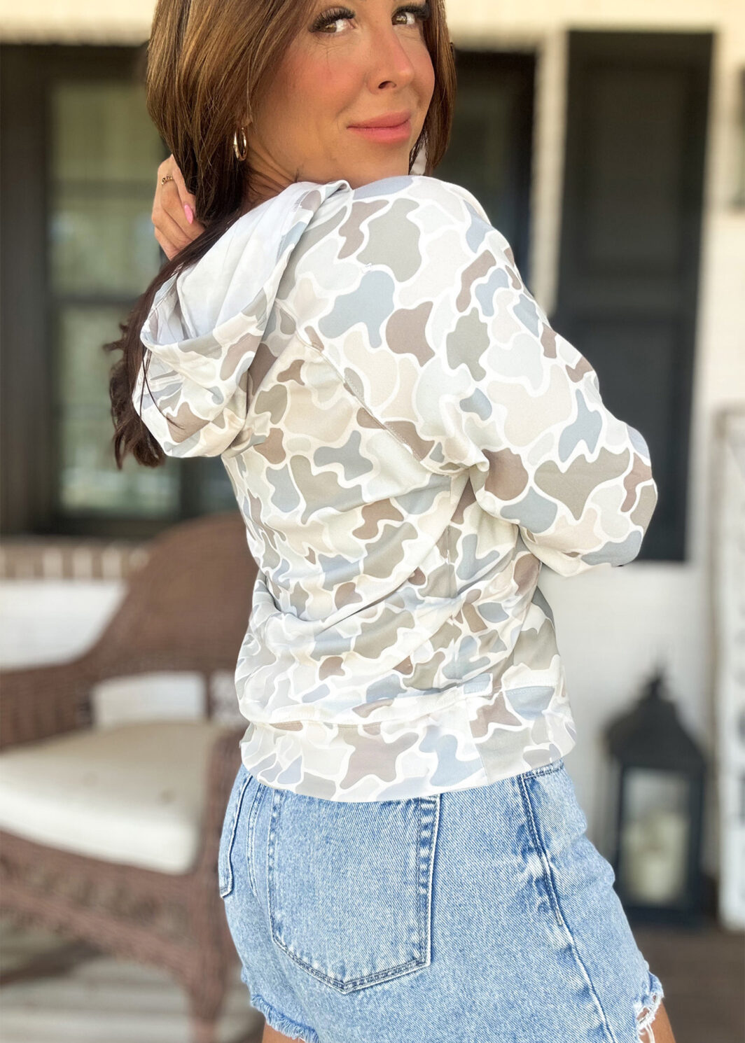 Beige Camouflage Print Long Sleeve Hooded Pullover Casual Top