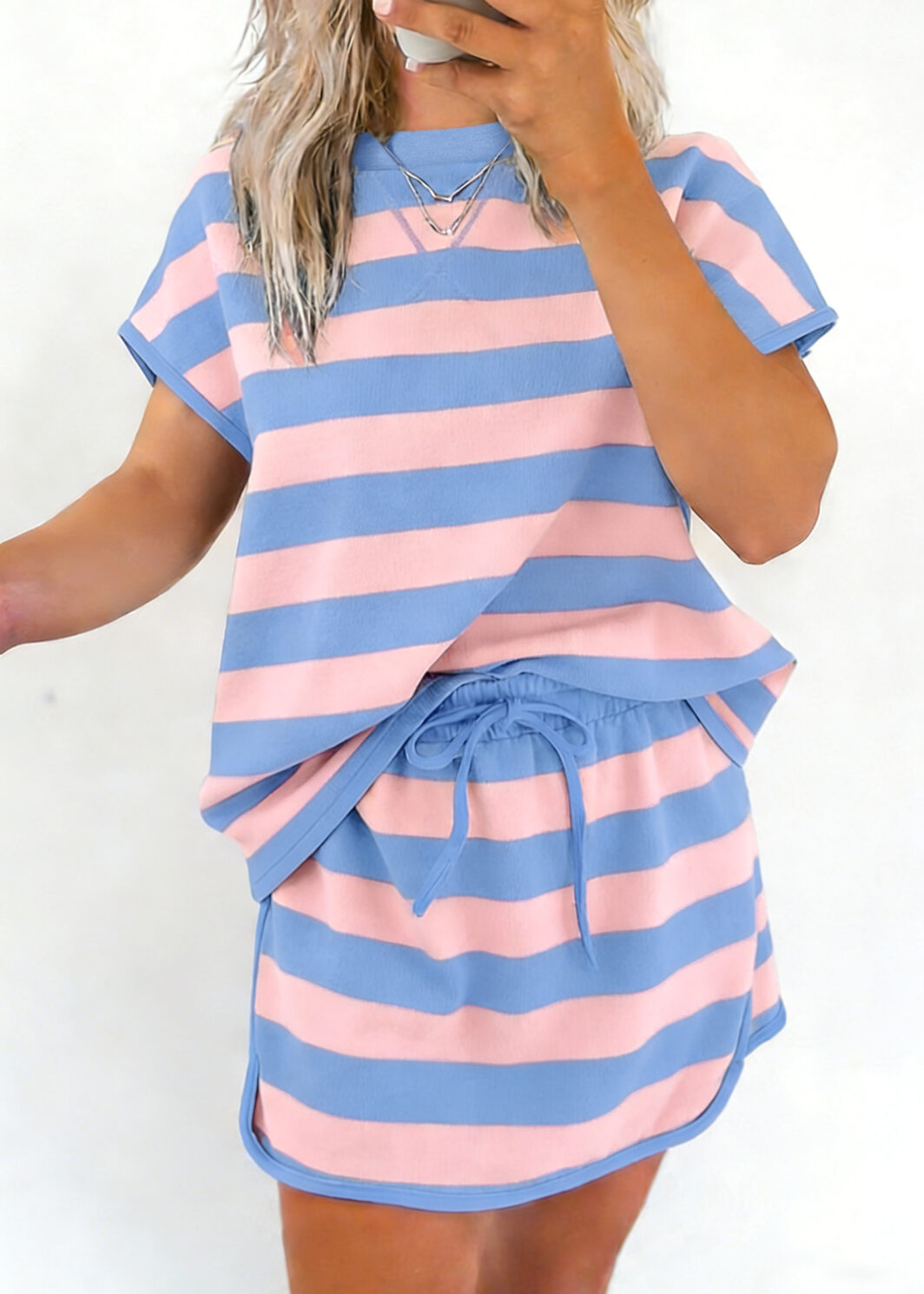 Pink Stripe Dolman Tee Drawstring Skort Athletic 2pcs Set