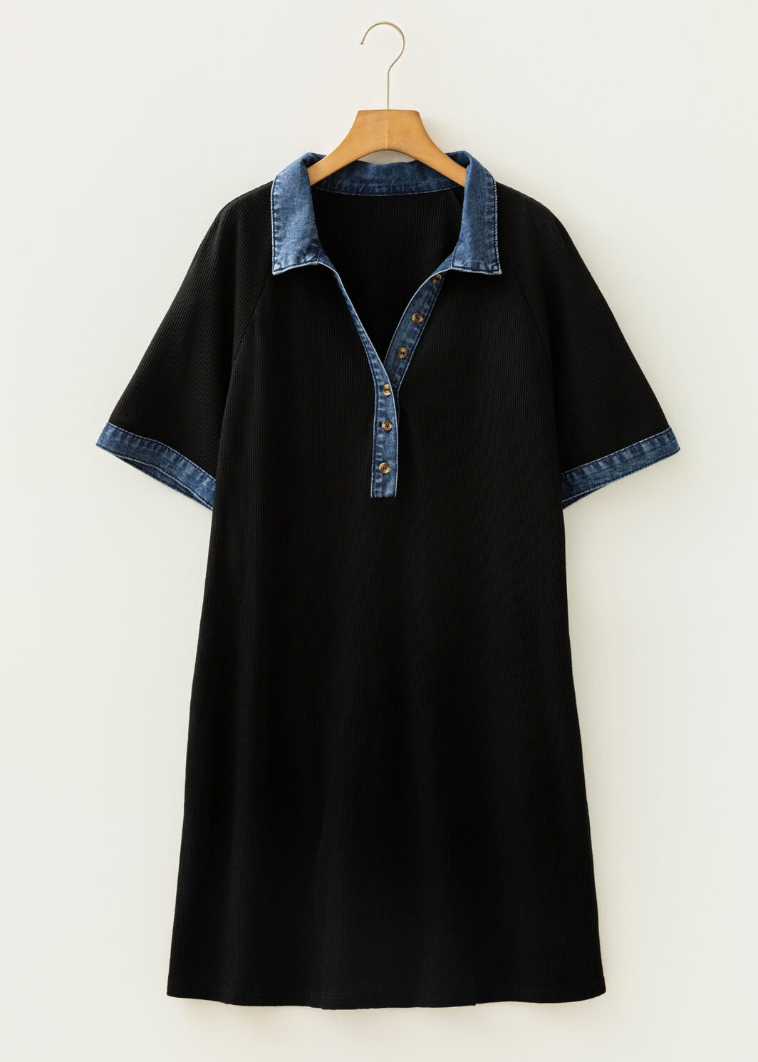 Black Colorblock Denim Collar Short Sleeve Plus Size Shift Dress