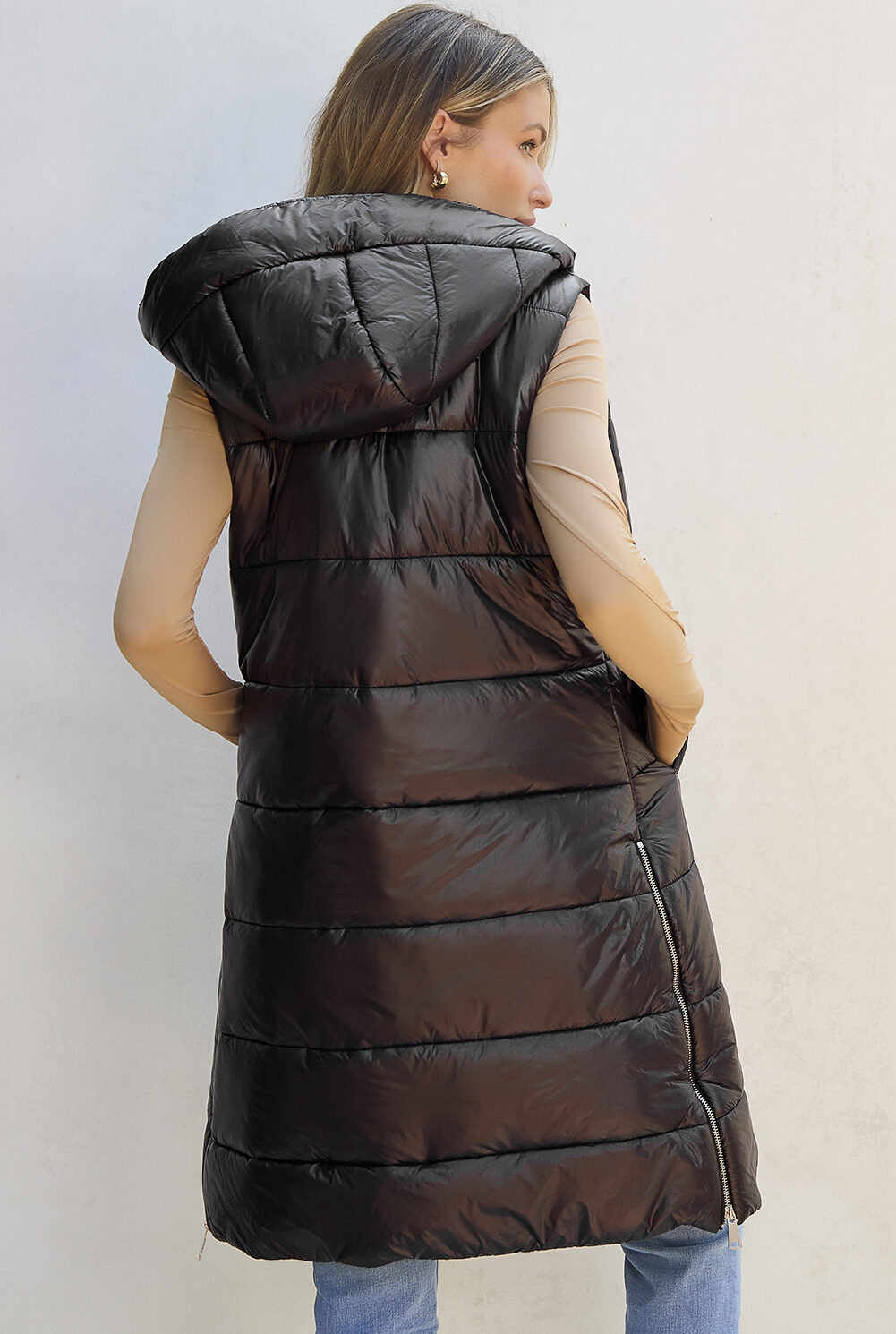 Black Hooded Long Quilted Vest Coat