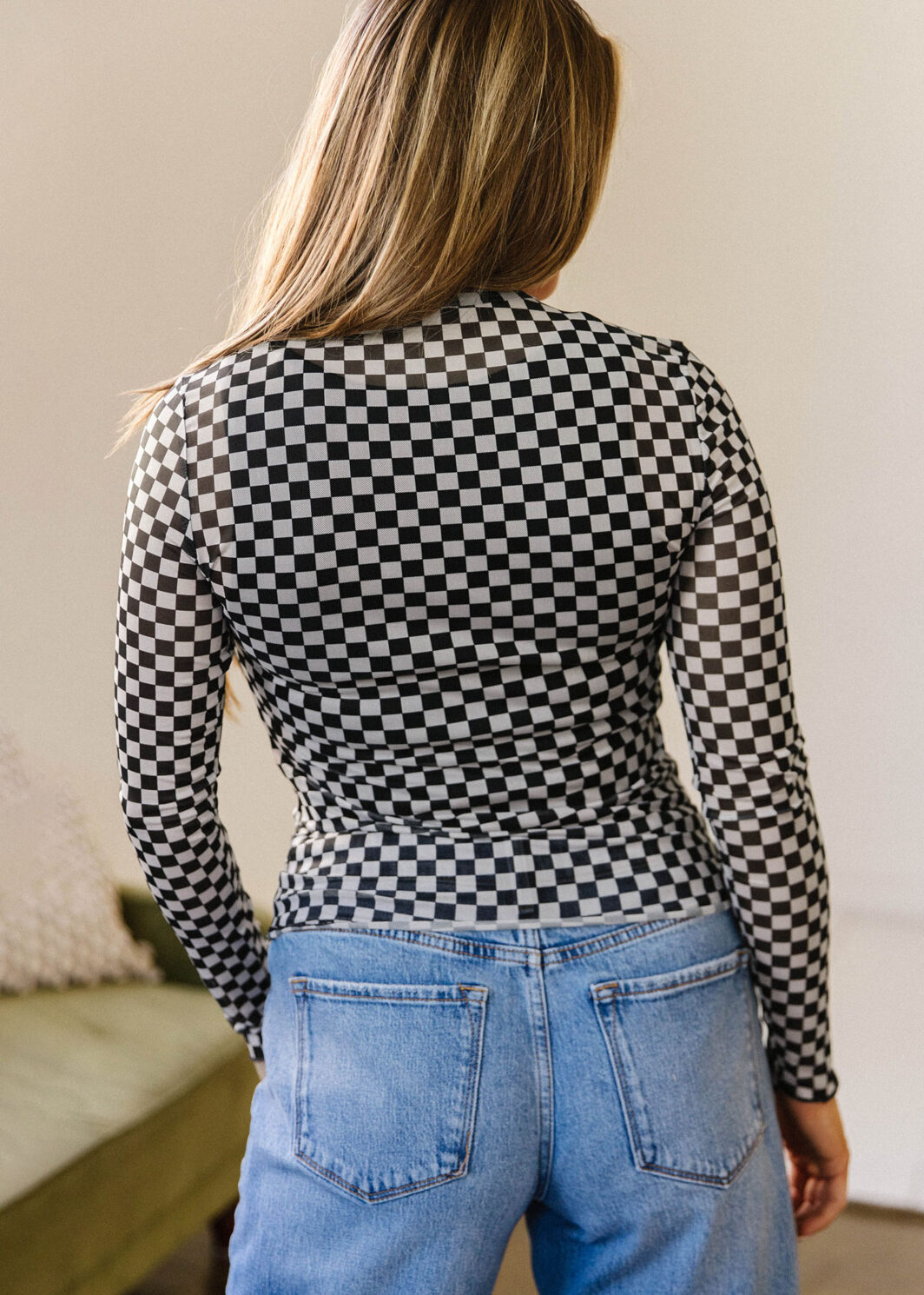 Black Plaid Stand Neck Long Sleeve Mesh Top