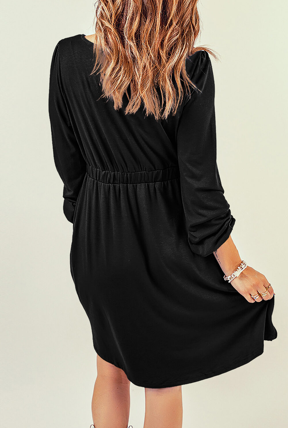 Black Button Up High Waist Long Sleeve Dress