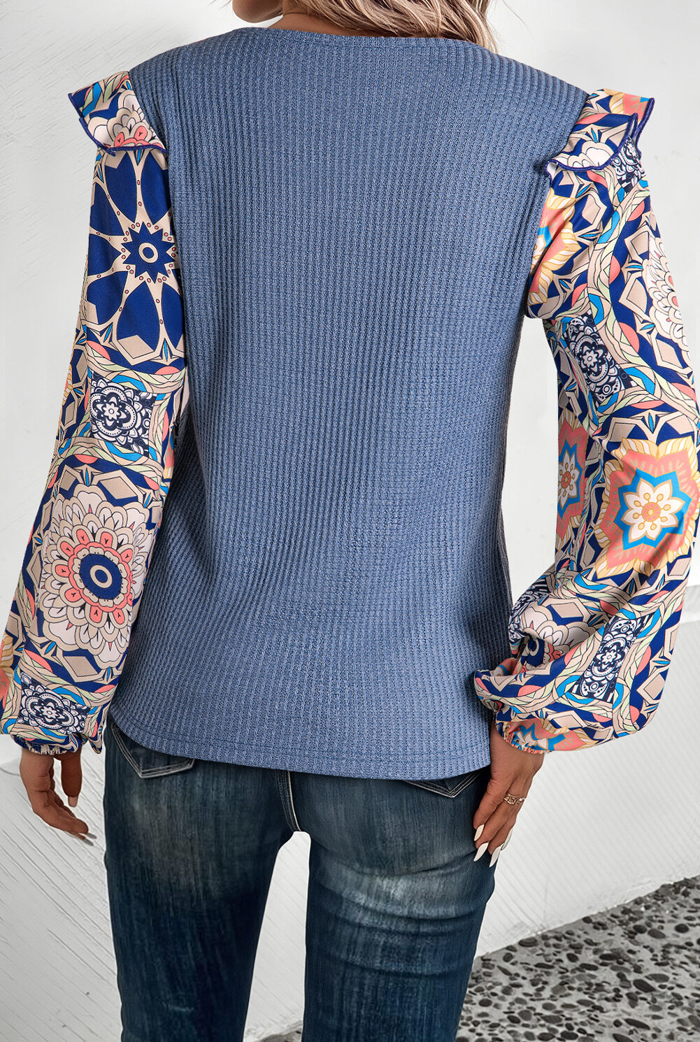Ashleigh Blue Ruffled Floral Sleeve Patchwork Waffle Knit O Neck Blouse